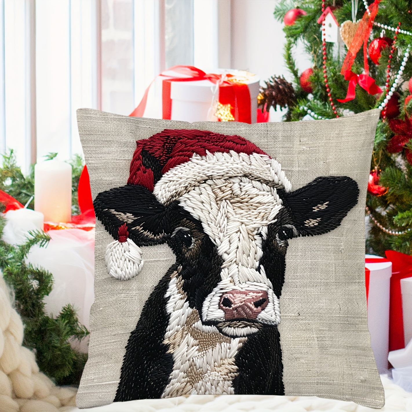 

Christmas Cow Pillow Cover 17.7" - Contemporary Style, Hand Wash Only, Zipper Closure, Woven Polyester, Single-sided Print For Home Decor, Fits Various Room Types - No Insert