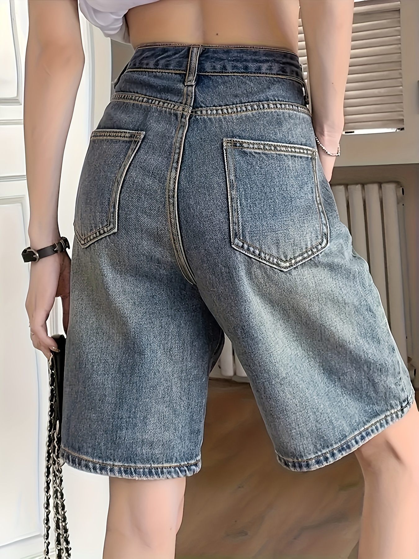 vintage inspired high waist women's denim shorts washed blue Temu