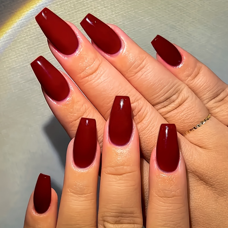 Medium Wine Red Solid Color 24pcs Coffin Press On Nails Set - Includes Jelly Glue, Nail File
