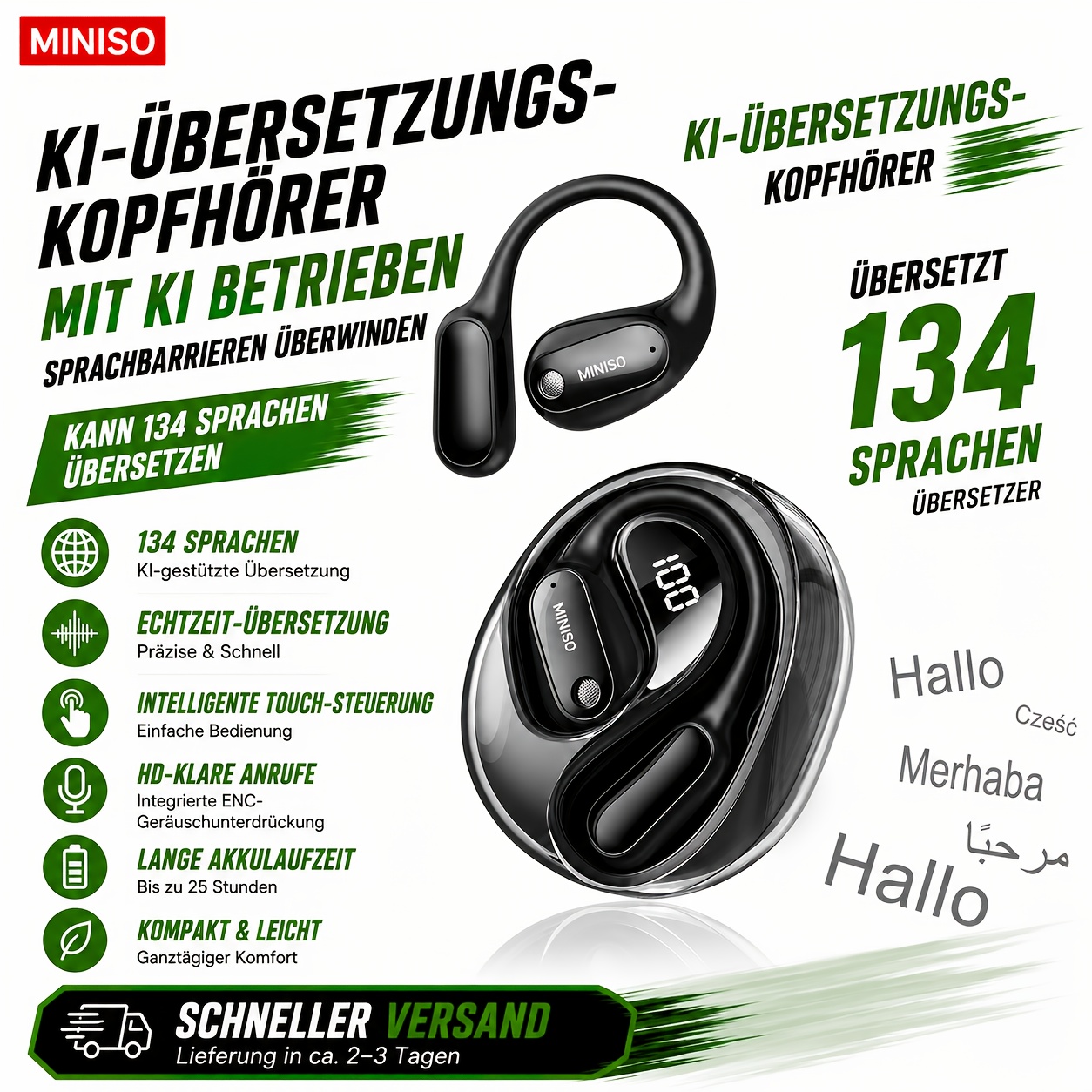 E-shop MINISO MS190 Smart AI-Übersetzungs-Kopfhörer, unterstützt 135+ Sprachen, präzise -Übersetzung, durchbricht mühelos sprachliche