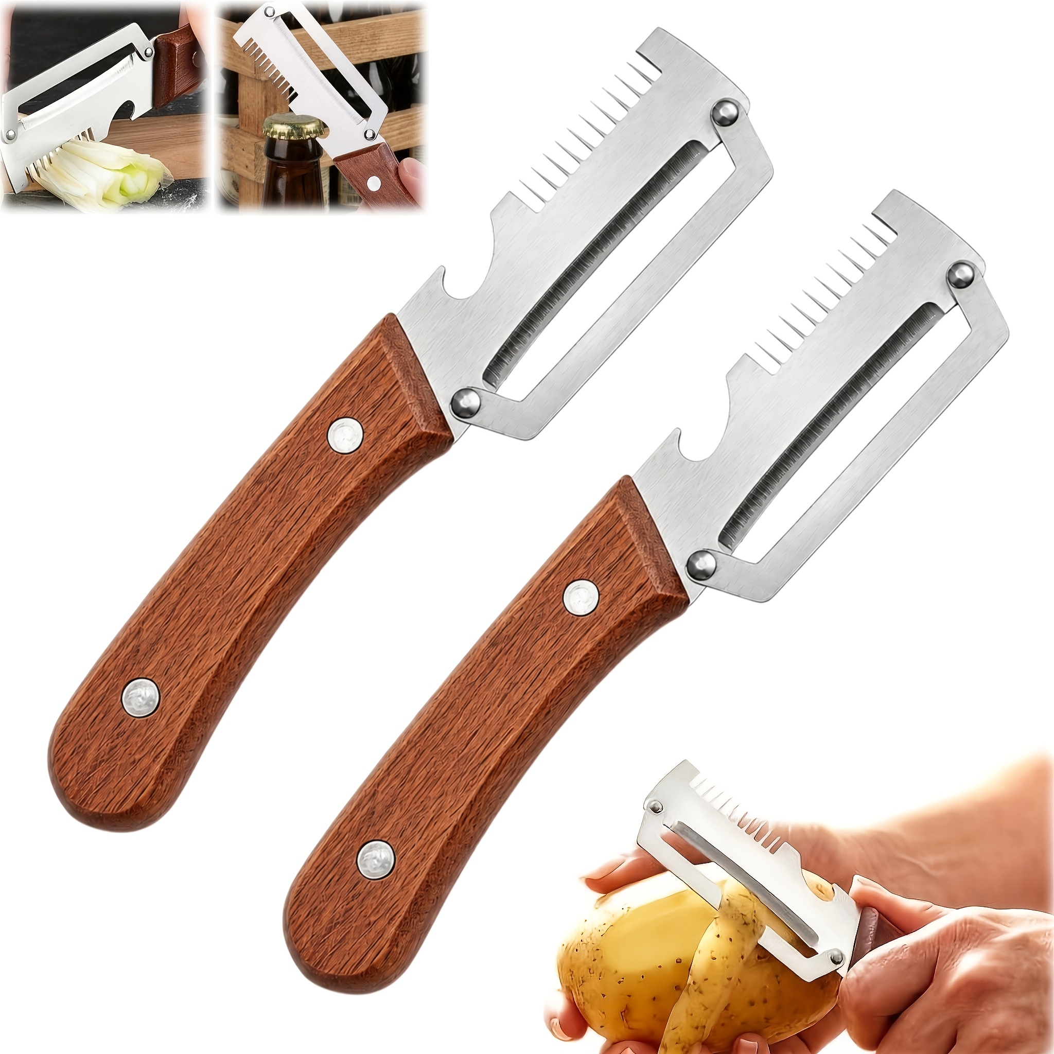 2pcs heavy duty stainless steel peeler slicer featuring a wooden handle and thick blade design ideal for all kinds of fruits and vegetables multifunctional peeling tool and vegetable slicer     use vegetable slicer