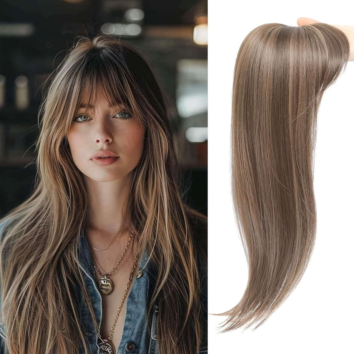 Hair Topper with Bangs Hair Clip, 360° 3D Cover Hair Toppers for Women, Fluffy Toppers Hair Pieces for Women with Thinning Hair, Clip in Bangs with Topper