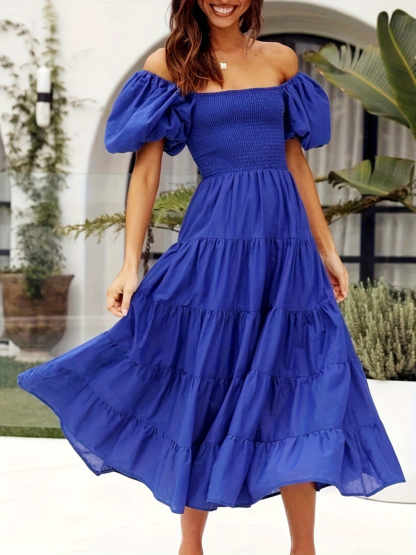  FIOXA Women's Dress Square Neck Shirred Waist Ruffle Hem Dress  (Color : Blue, Size : Medium) : Clothing, Shoes & Jewelry