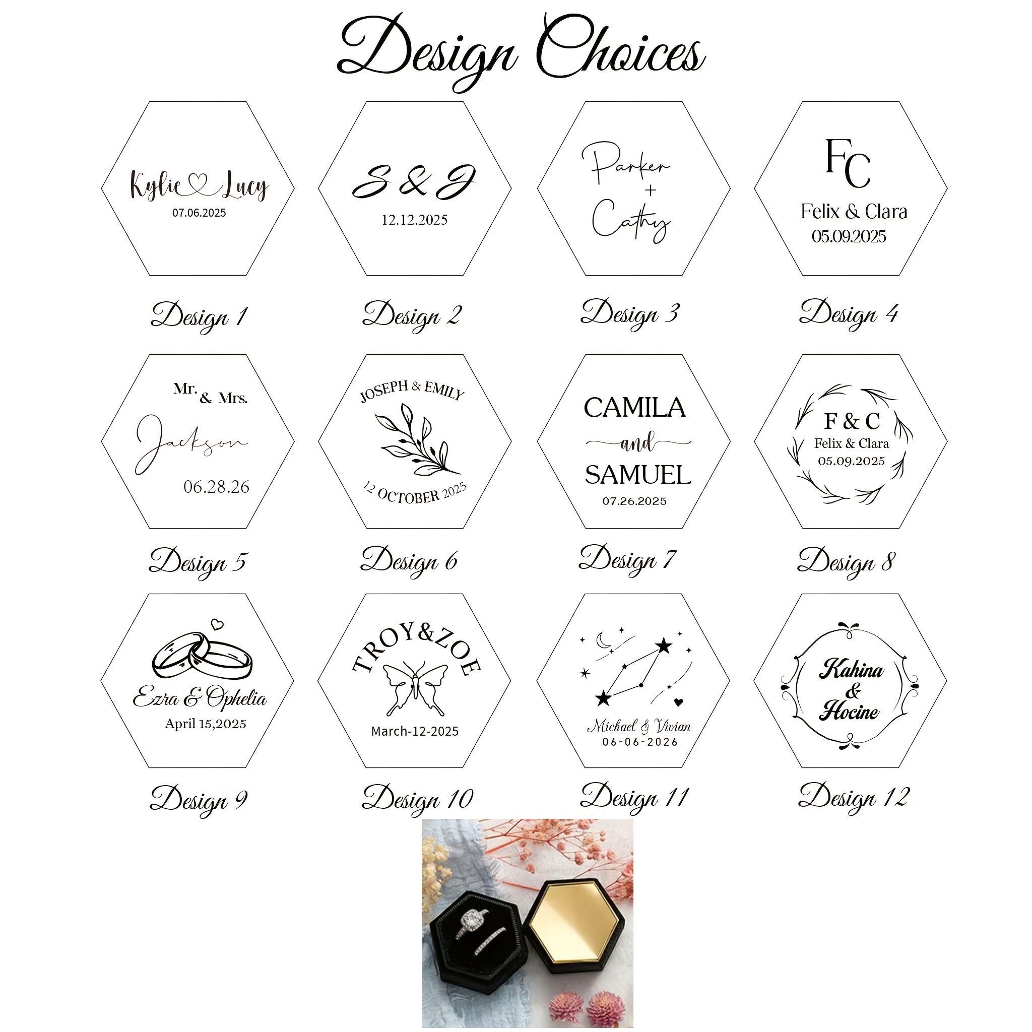 Personalized Hexagonal Velvet Ring Box, Custom Name and Date