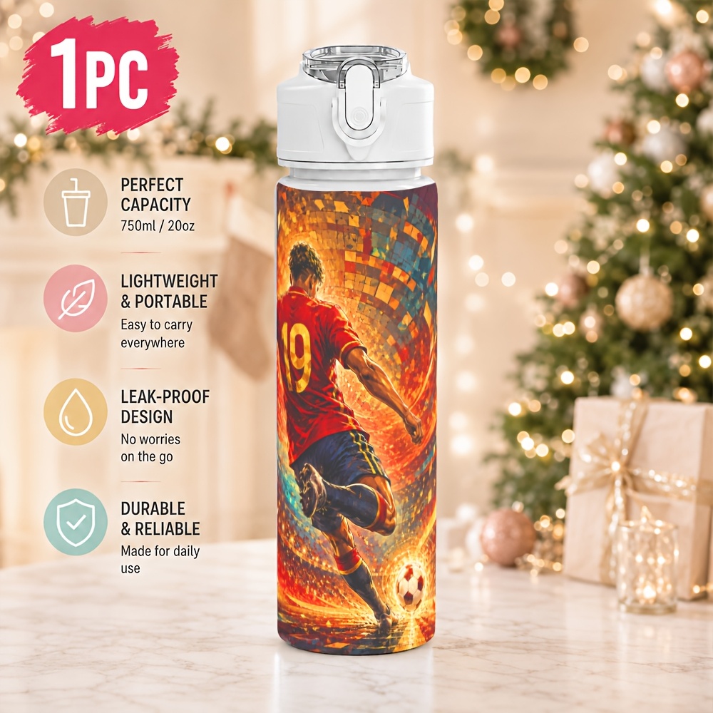 TEMU 1pc Soccer Fire 750ml Sports Water Bottle, Plastic Travel Cup, Leak-resistant, Leak-resistant With Easy-clean Mouth, Built-in Straw, Push-button