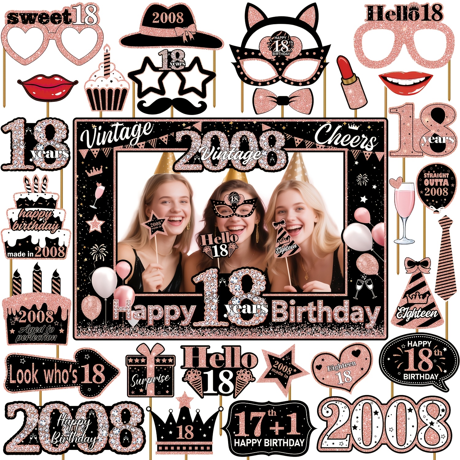 Image of 31pcs Set, 18th Birthday Party Decorations, Black Rose Golden 18th Birthday, 18th Birthday Photo Props, Vintage 2008, 18th Birthday Party Supplies, Featuring 2008 Logo