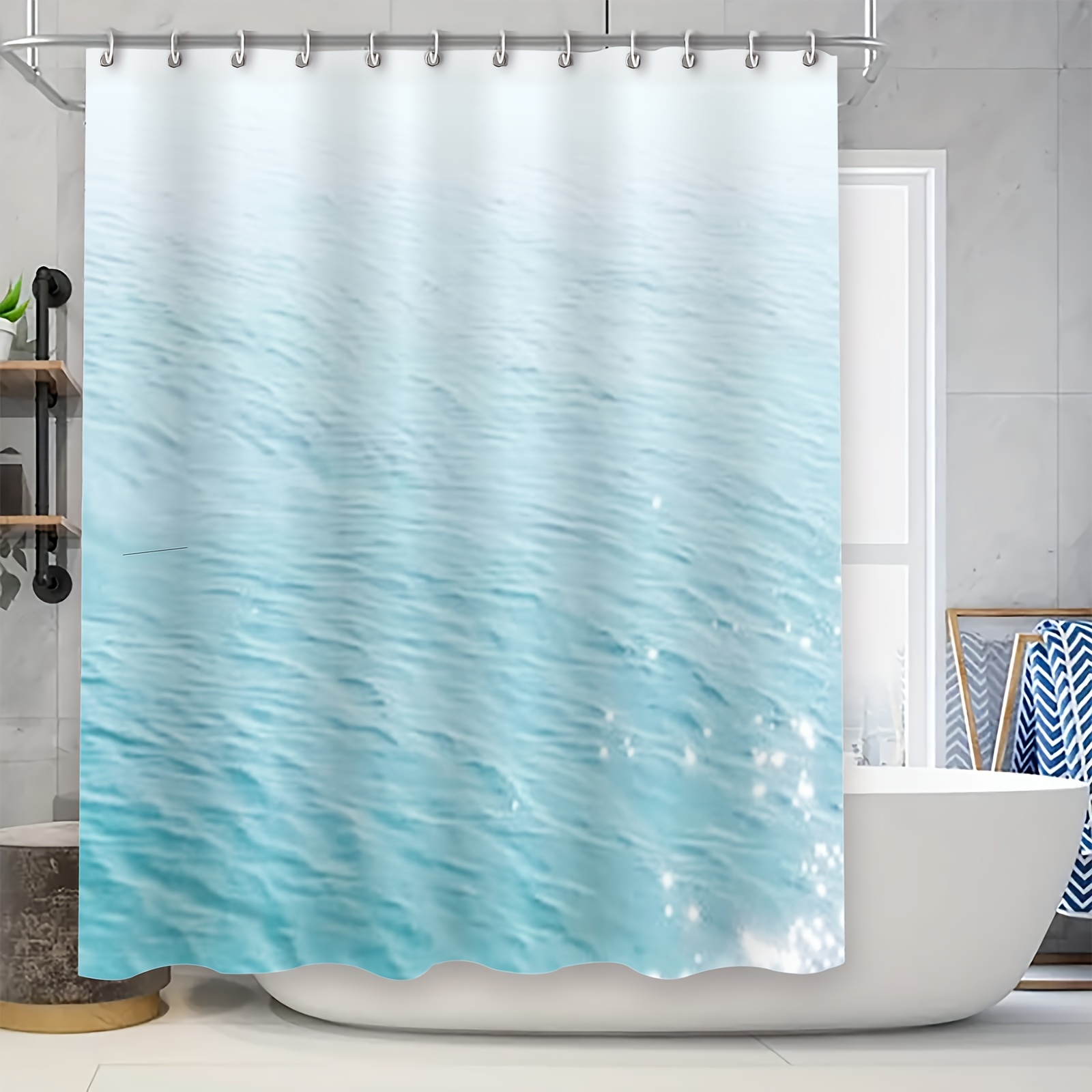 

1pc Blue Seawater Pattern Shower Curtain With Hooks, Waterproof And Mildew-resistant Bathtub Partition Curtain, Home Bathroom Decor