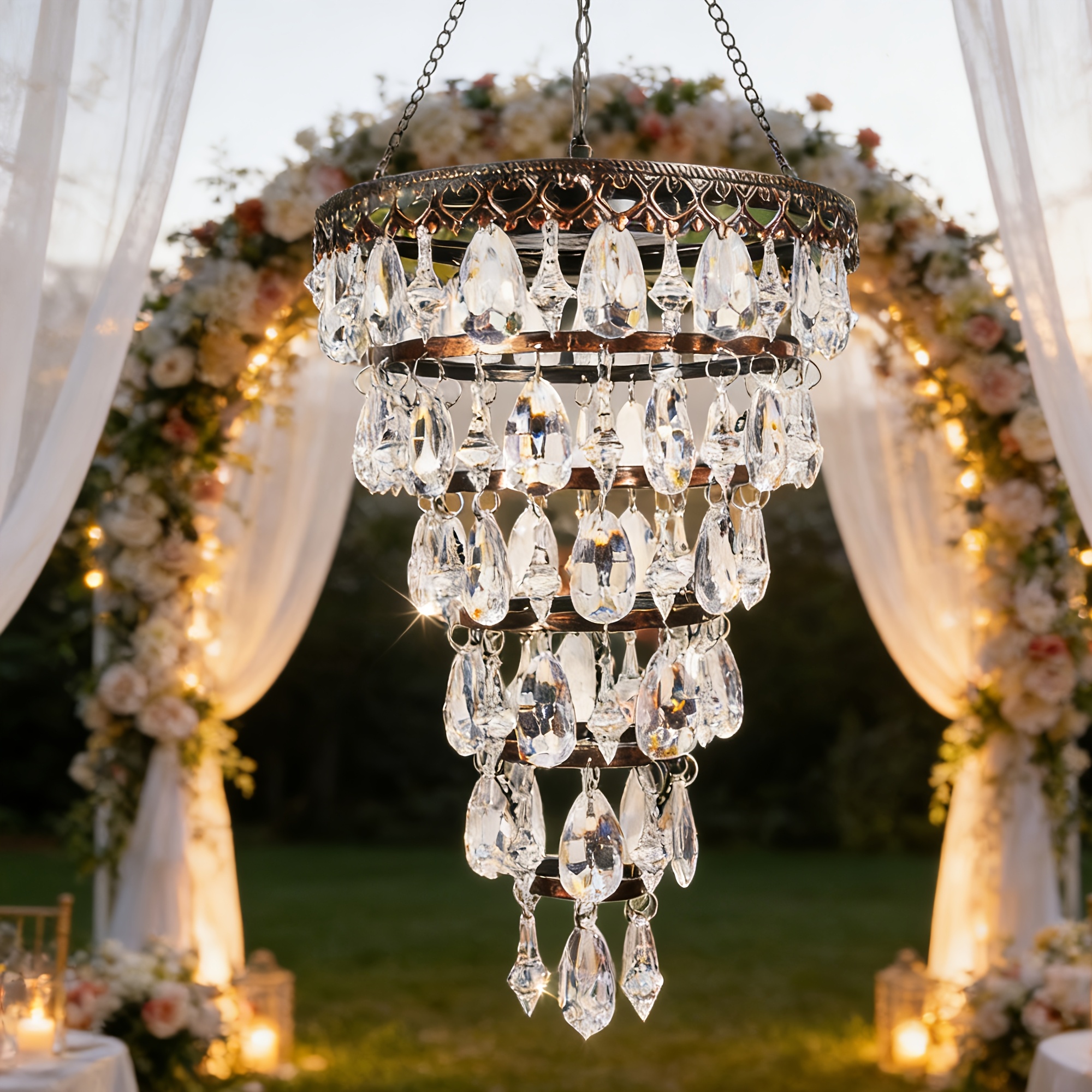 Solar Hanging Crystal Chandelier | Outdoor Garden Decorative Lights with 54 Warm White LEDs, Waterproof, Lithium Battery Powered, for Garden, Yard, Patio, Gazebo, Party, Wedding