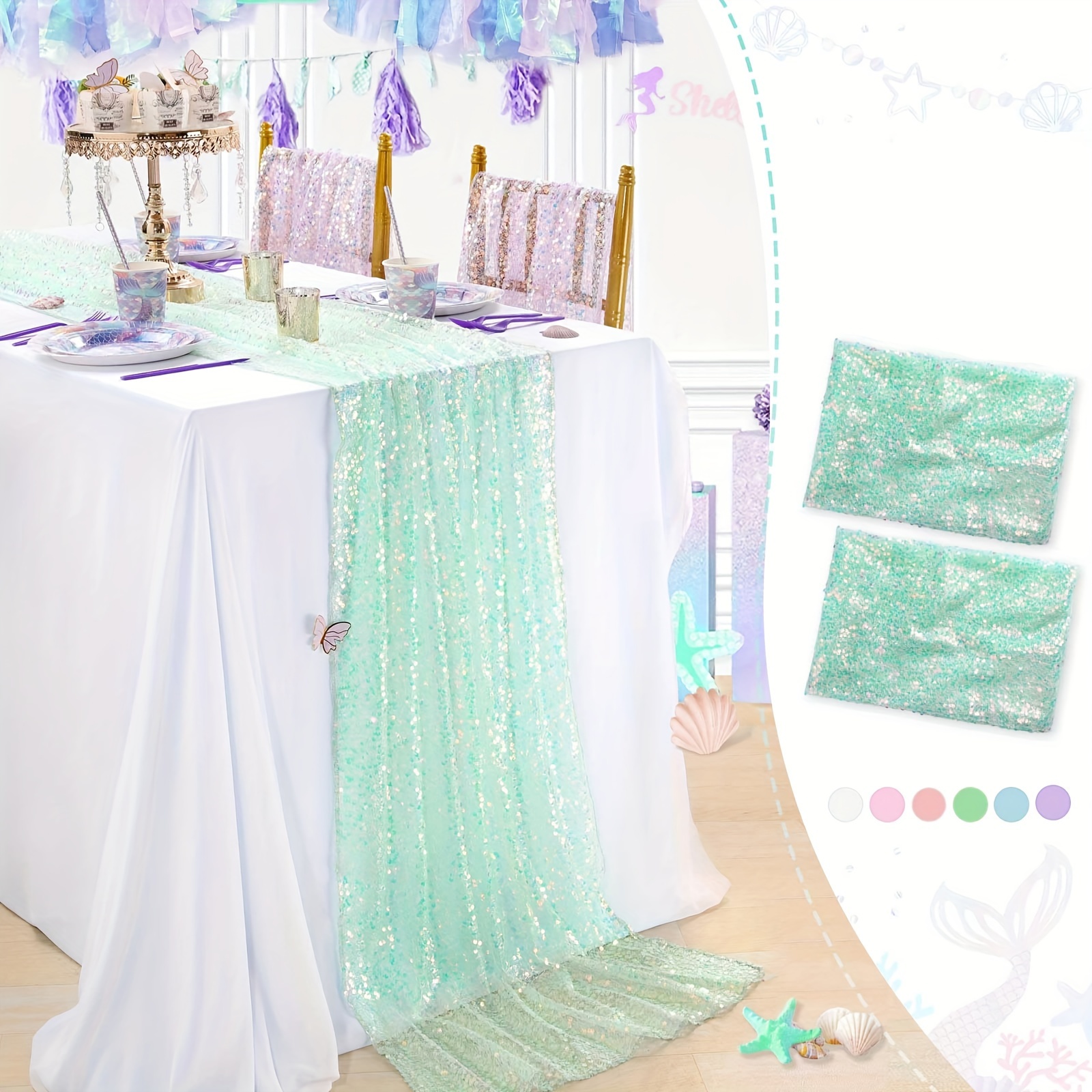 

2-pack Mermaid Green & Blue Glitter Sequin Table Runners - 30x275cm, Perfect For Birthday Parties & Home Decor