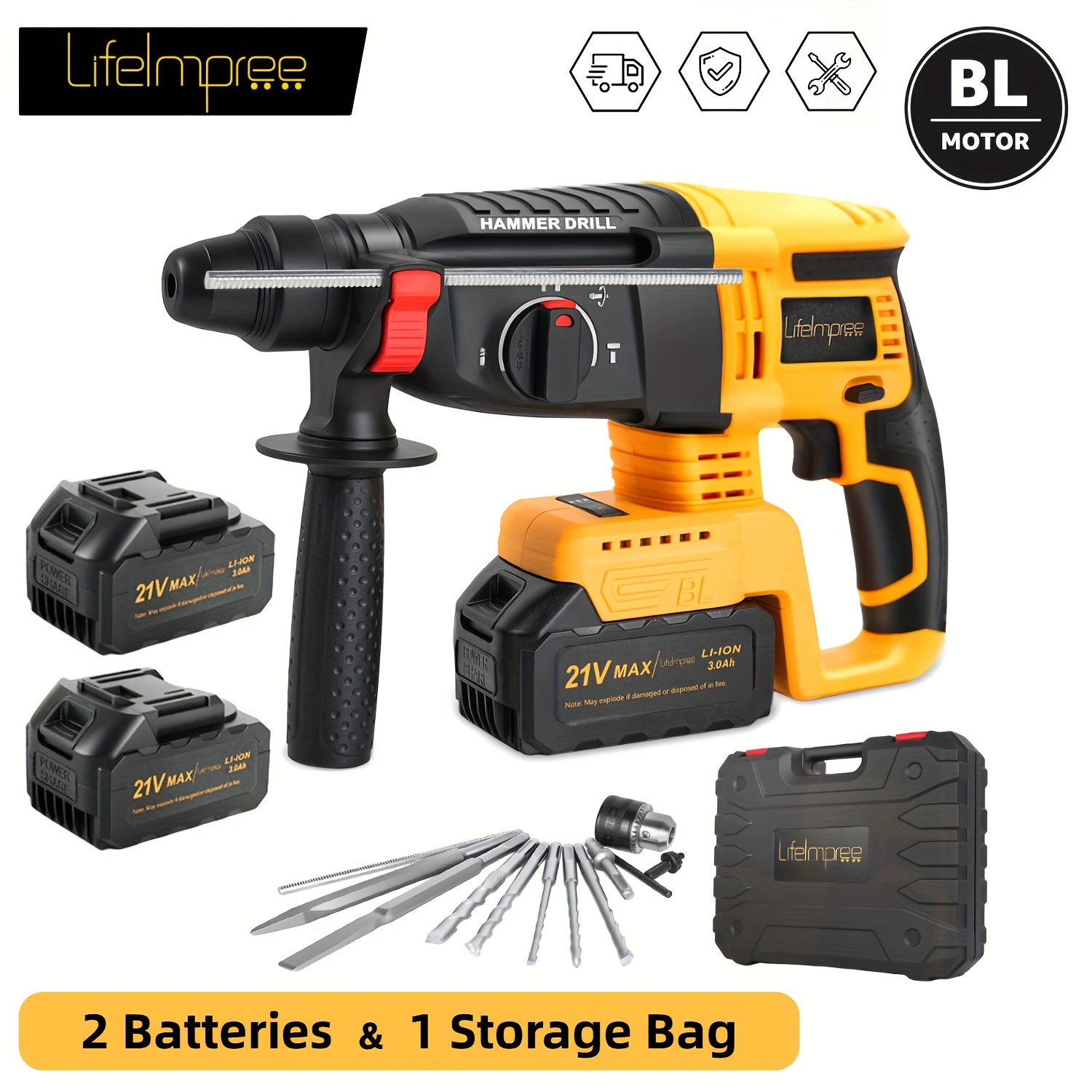 c548242d-58db-4eb2-b72f-e78155476c41.jpg 1500W 4-in-1 Borstelloze Hamerboormachine Kit, 2 x 1500mAh Batterijen,