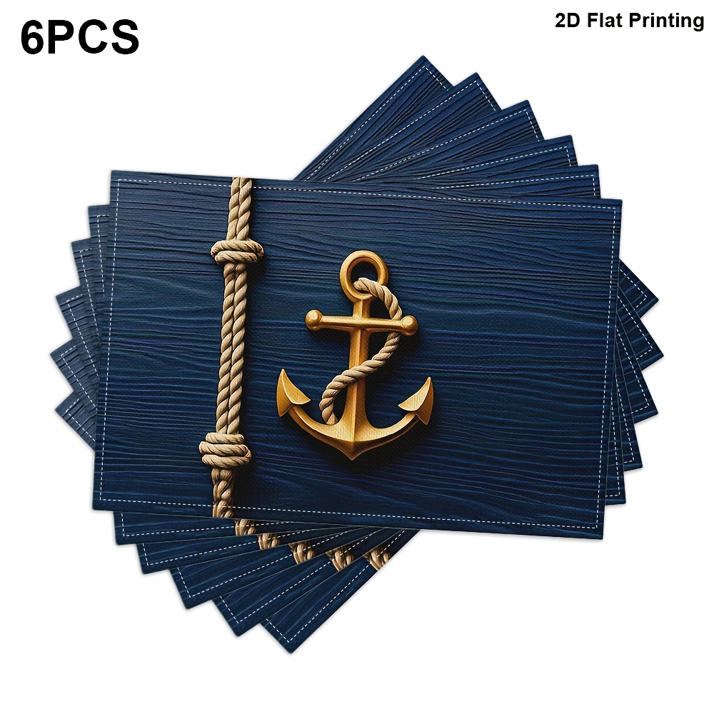 TEMU 6pcs/8pcs Nautical-themed Placemats Suitable For Restaurant & Kitchen Décor, Rectangular Navy Blue Table With Maritime Prints, Machine Washable