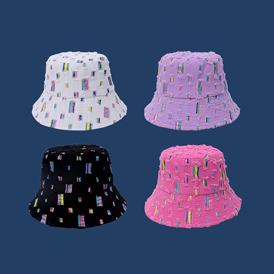 

Rainbow Ripped Bucket Hat Stylish Lightweight Fisherman Cap Adjustable Sun Protection Travel Hats For Women