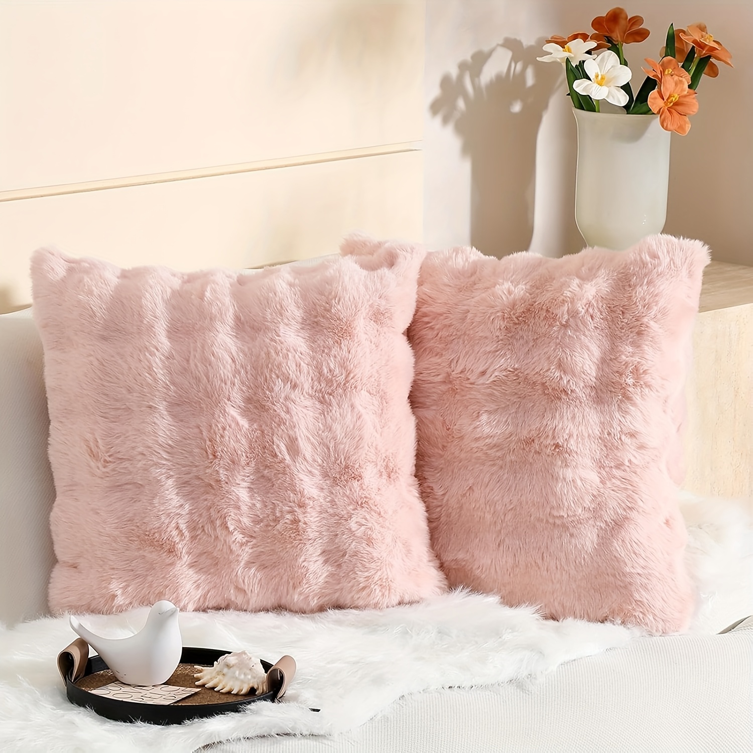 TEMU Set Of 2 Thick Plush Wool Throw Pillow Covers 17x17 Inches Soft Decorative Cushion Cover For Sofa Bedroom Pillow