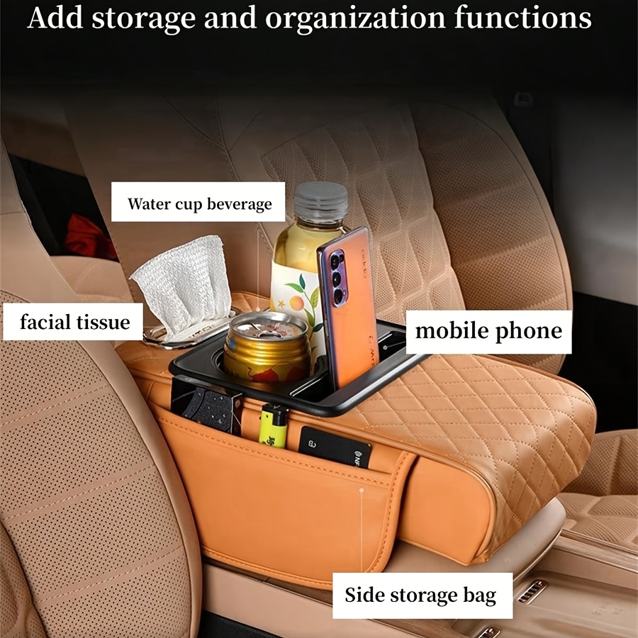 Integrated Pressurized Multifunctional Car Armrest Heightening Pad, Multifunctional Car Armrest Cushion Universal, With 2 Cup Holder, Phone Slot Tissue Box S