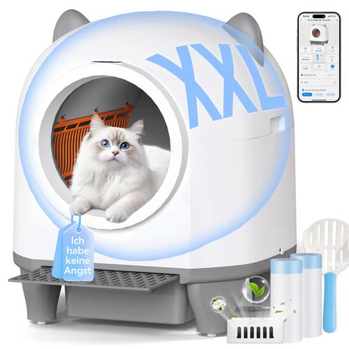 photo de l'article litière automatique autonettoyante 90l, bac à litière xxl, 90l+8,5l grand, élimination des odeurs, , pour plusieurs chats, par application, convient aux chats de 1,5kg à 10kg, jusquà 10 jours dutilisation , inclut 2 sacs à déchets