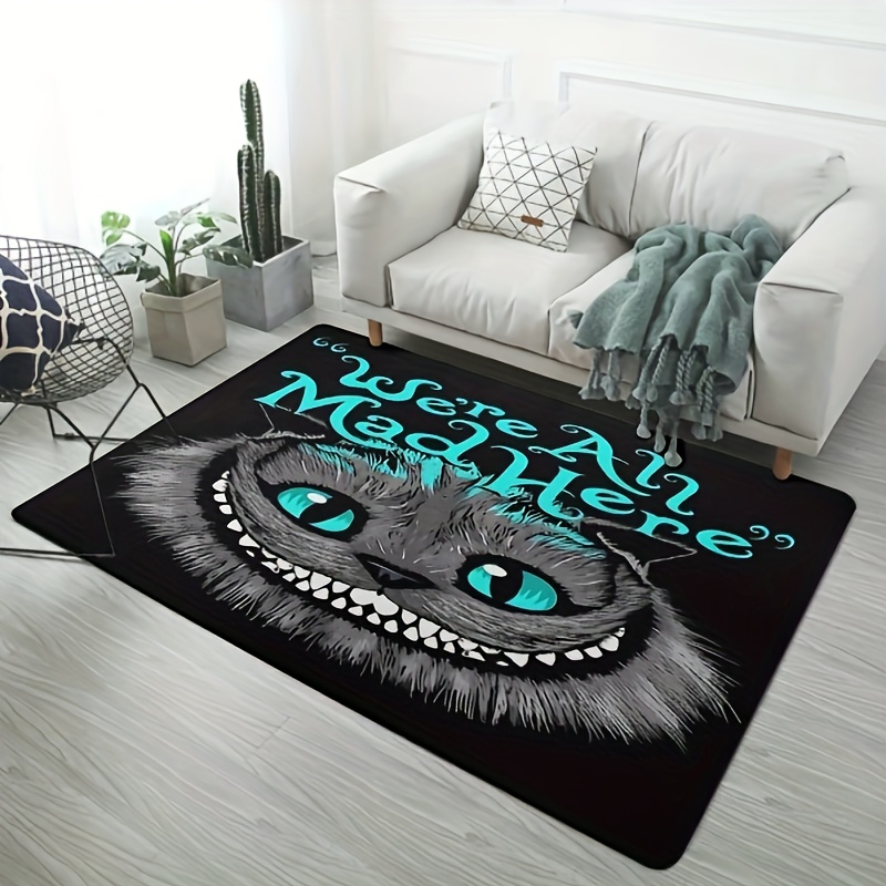 

Cheshire Cat "we're All Mad Here" Quote Area Rug, Black Knit Polyester, Rectangle, Machine Washable, Non-slip Backing, Soft Flannel, Home Decor Mat For Living Room Bedroom, 1pc