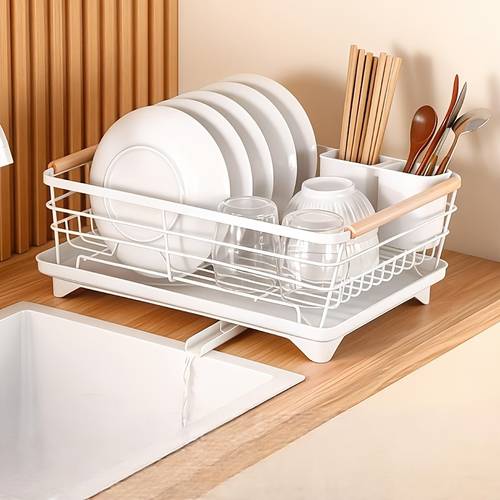 1 large metal dish rack with commercial dish rack with wood grain handle kitchen sink organizer rack with chopstick holder storage countertop space tableware storage dish tableware rack ideal mothers gift small apartment