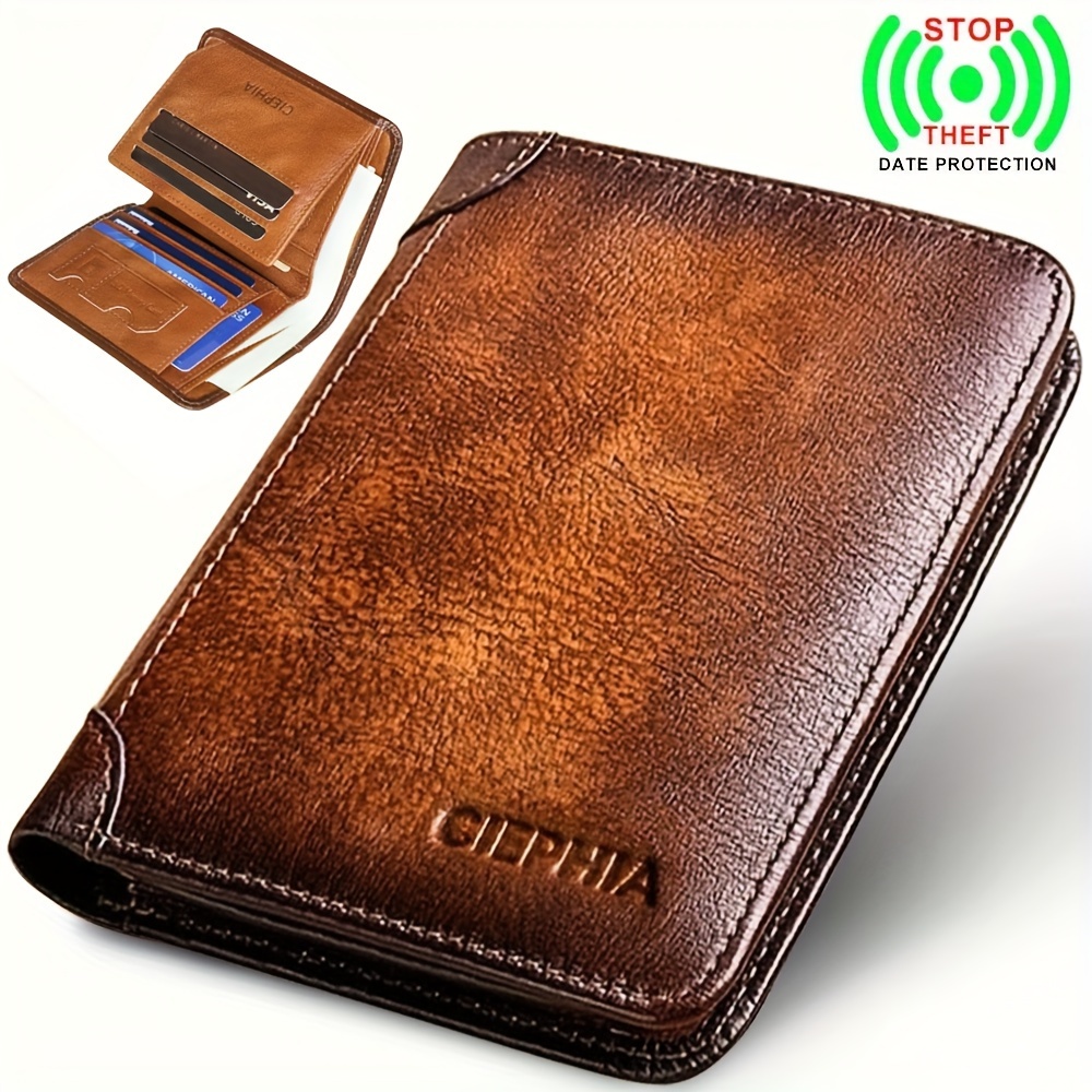 

1pc Men's Genuine Leather Zipper Wallet, Top Layer Cowhide Rfid Blocking Wallet, Vintage Multi-functional Wallet With 2 Id Card Windows, Ideal Gift For Men