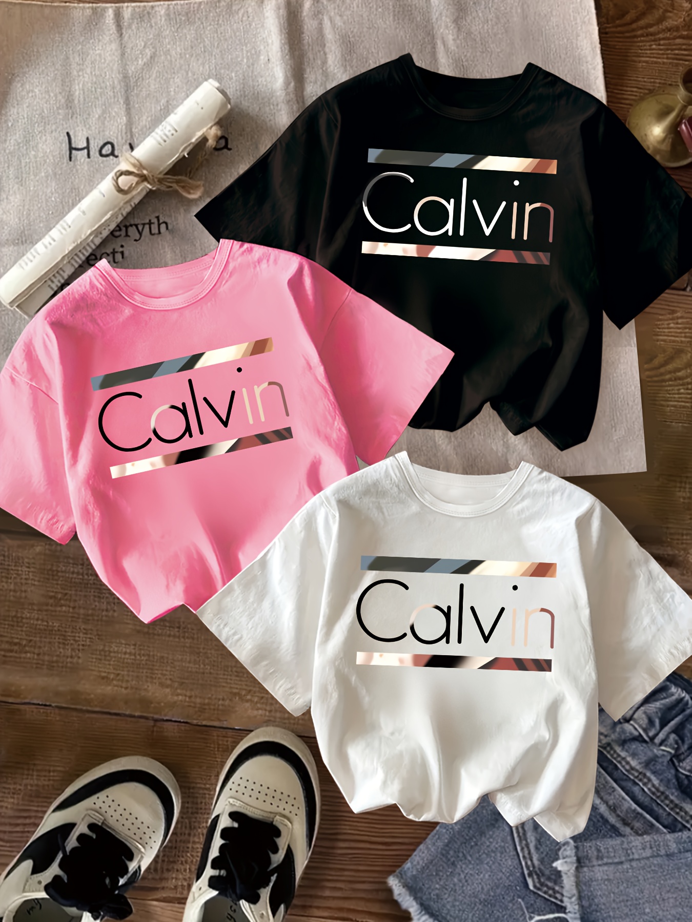 Girls' 3pcs Calvin Summer Brand Letter "C-A-L-V-I-N" Outfits T-Shirt Set Soft Stretch Round Neck Short Sleeve Tees Machine Washable Spring/Summer Casual Wear for Little & Teen (Non-)