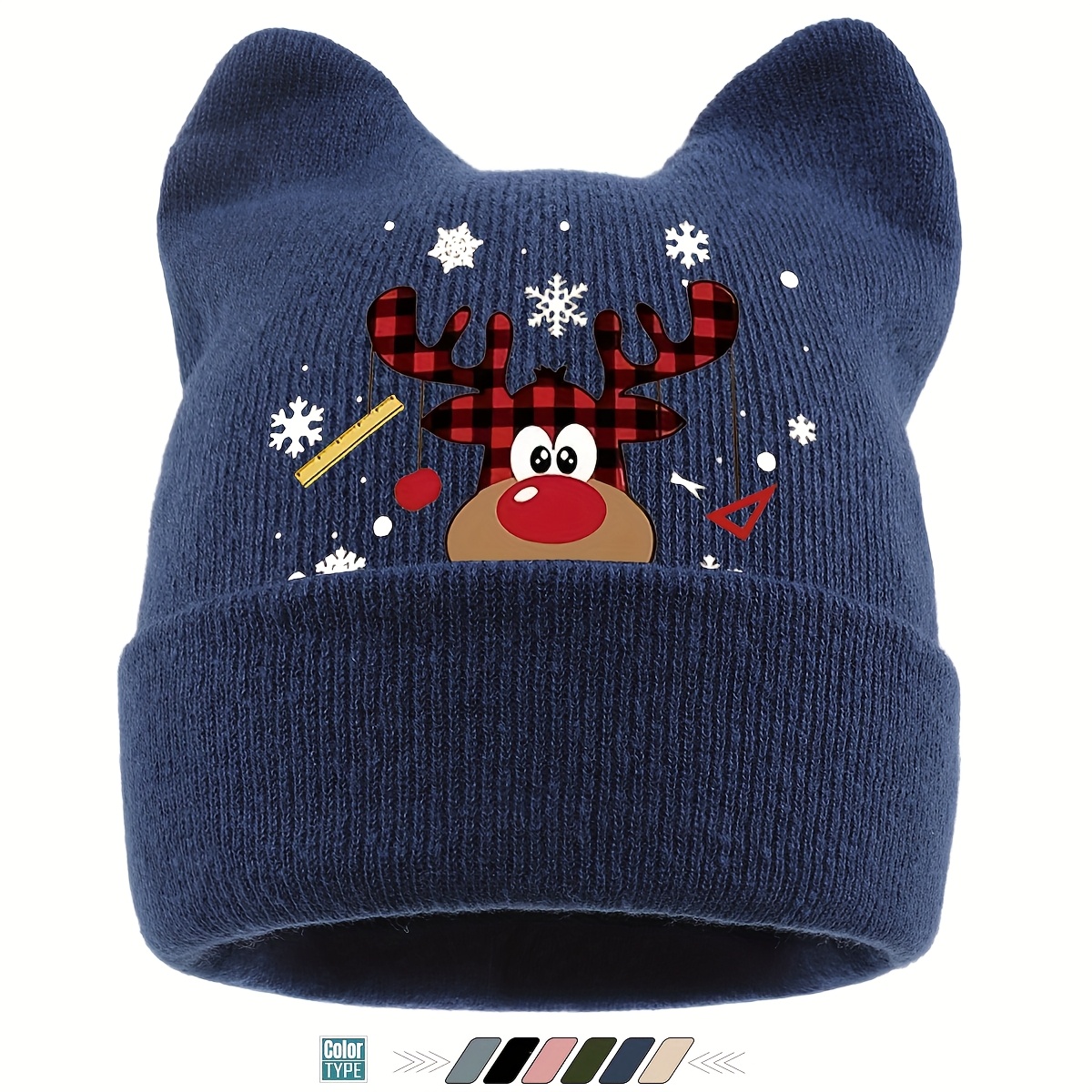 TEMU 1pc Comfortable Cartoon Reindeer Print Cat Ear Beanie, Lightweight Acrylic Winter Skull Cap, Elastic Headband, Breathable, Multicolor,
