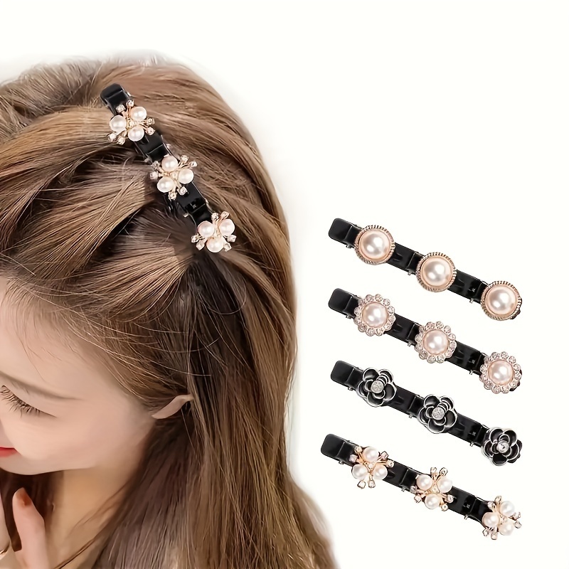 

4pcs Elegant Hair Braiding Clips Faux Pearl Decorative Hair Side Clips Bling Bling Rhinestone Hair Fringe Clips For Women And Daily Use