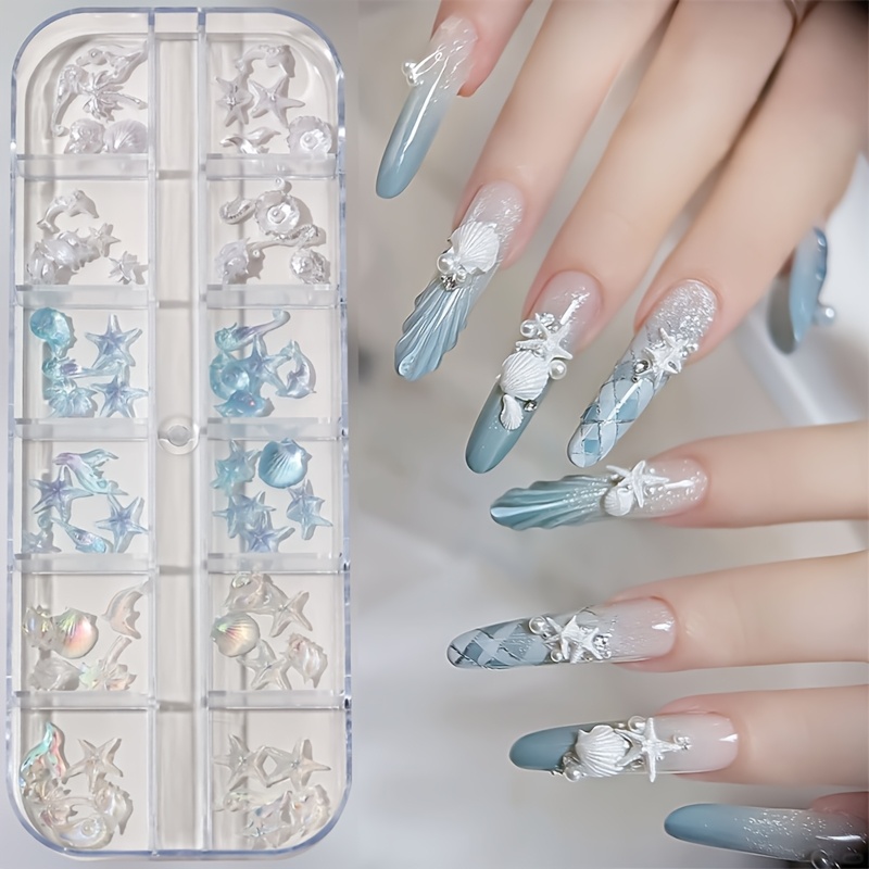 E-shop 1 Set Nagelkunst-Erweiterungen mit 12 Fächern: Aurora Muschel + Seesternmuschel + Kokosnussbaum-förmiges tragbares Nageldiamant-Dekorationsset