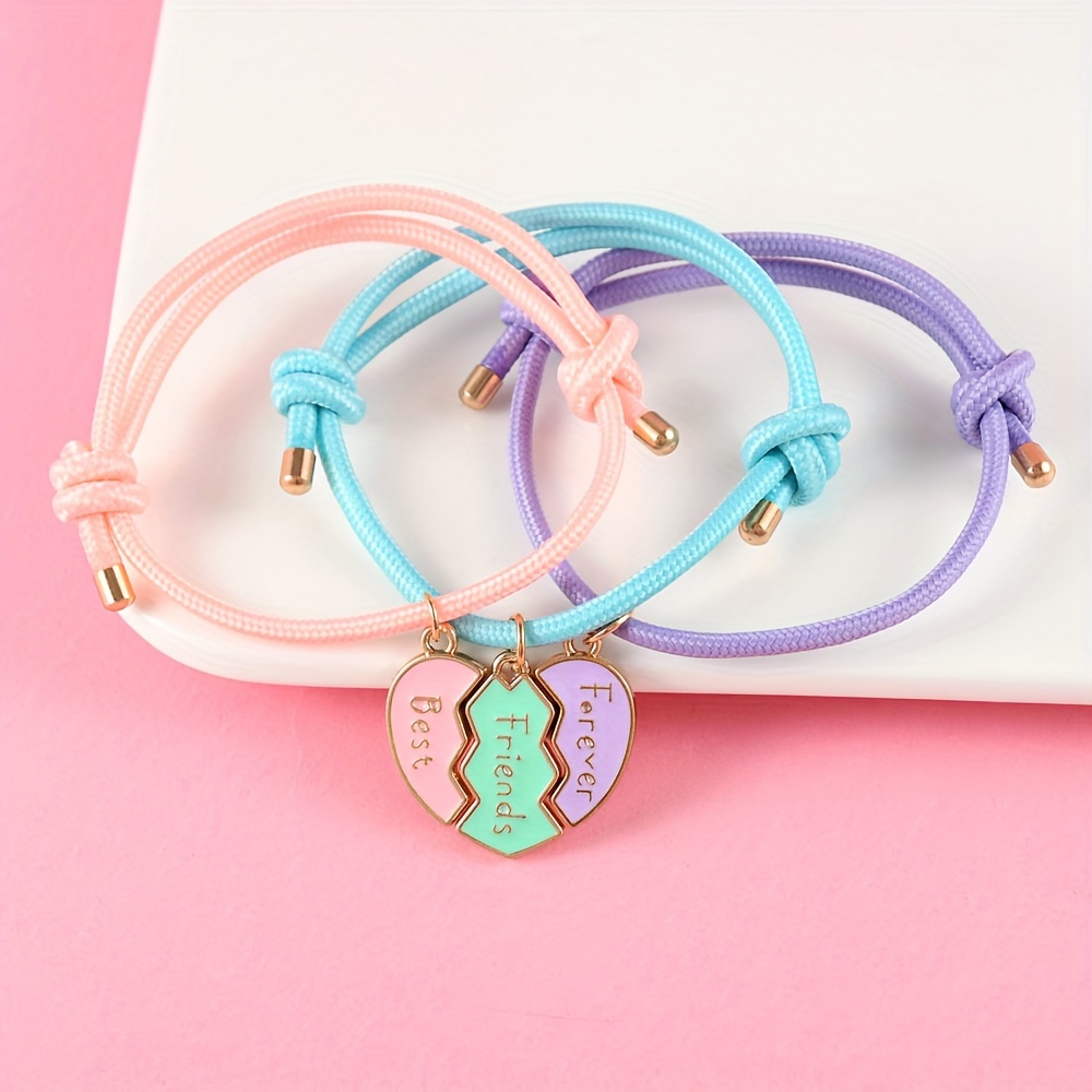 

3pcs/set Fashion Heart-shaped Alphabet With Adjustable Cord And Zinc Alloy Charms In Mixed Colors