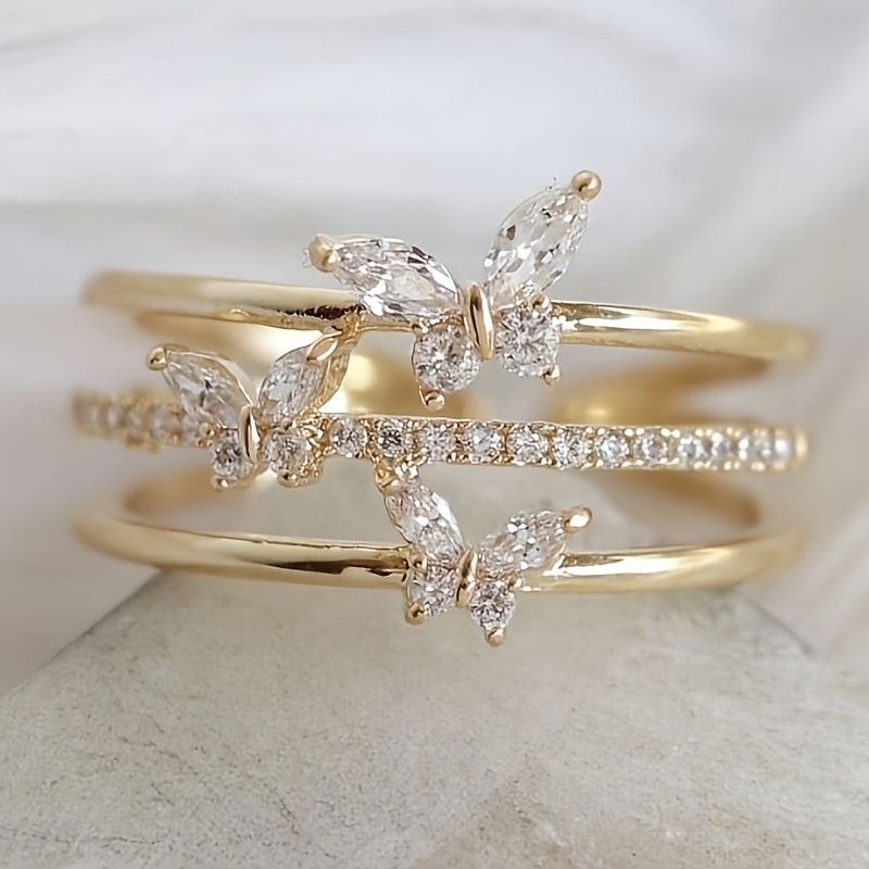 Women's Vintage Open-End Ring with Three Butterflies and Synthetic Zirconia