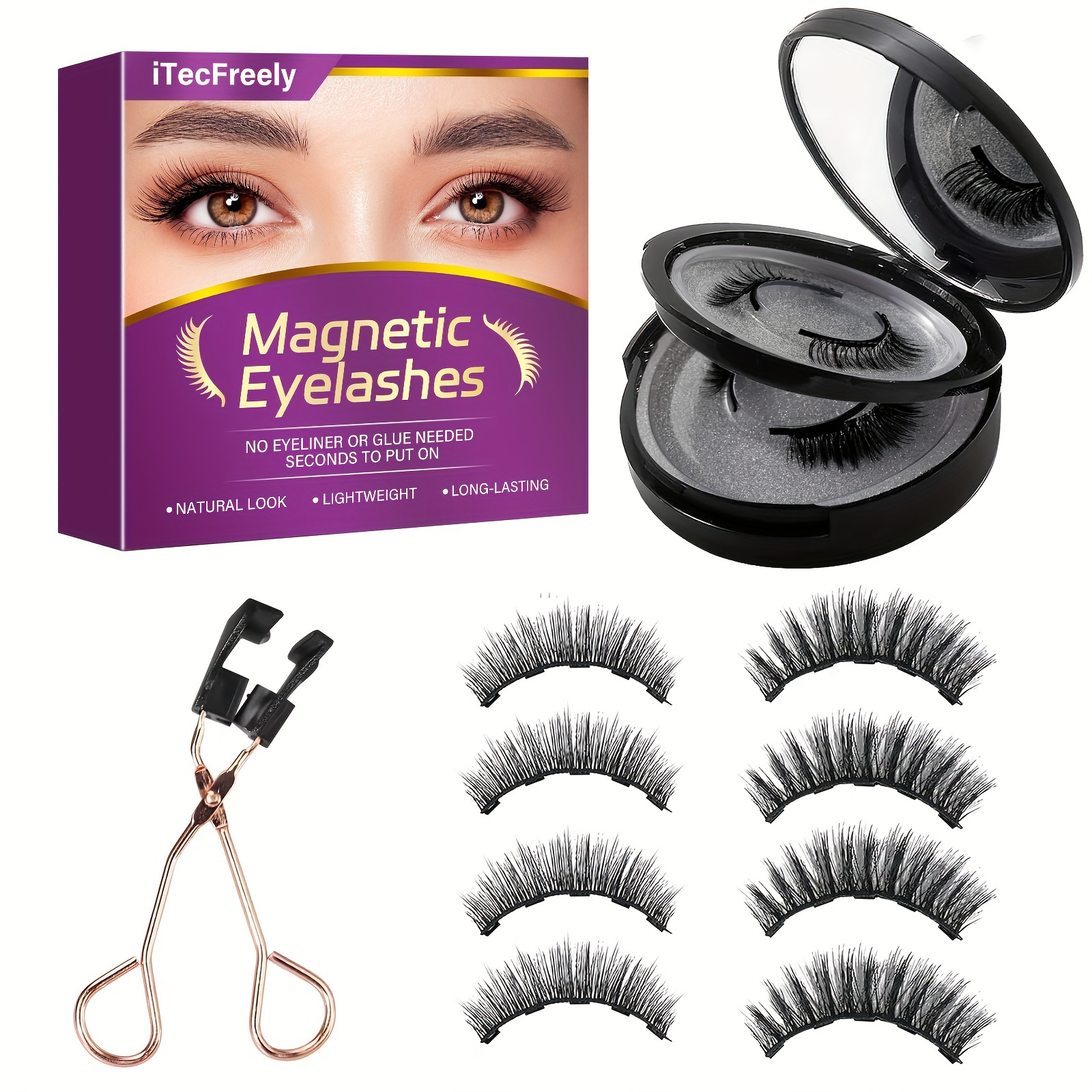 

No Eyeliner Magnetic Eyelashes -- Reusable Dual Magnetic Eyelashes, 8 Pairs, Natural Glue Free 3d False Eyelash Set, With Applicator, Reusable, Waterproof, Glue Free, . For