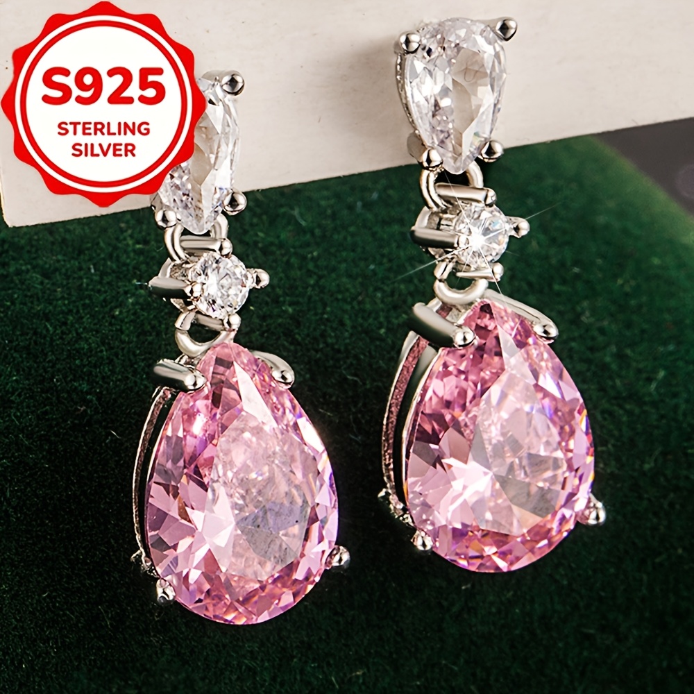 2pcs S925 Pure Silver Pink Water Drop Zirconia Earrings, Gift