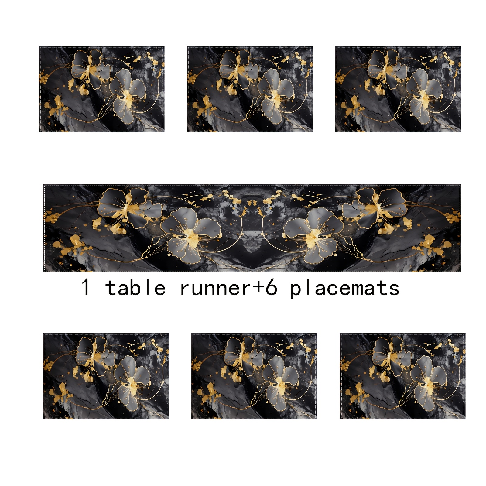 TEMU 5pcs/7pcs Set Of Black And Golden Tablecloth And Placemats, Intricate Design Artistic Style Tablecloth, Holiday Party Kitchen Fireplace