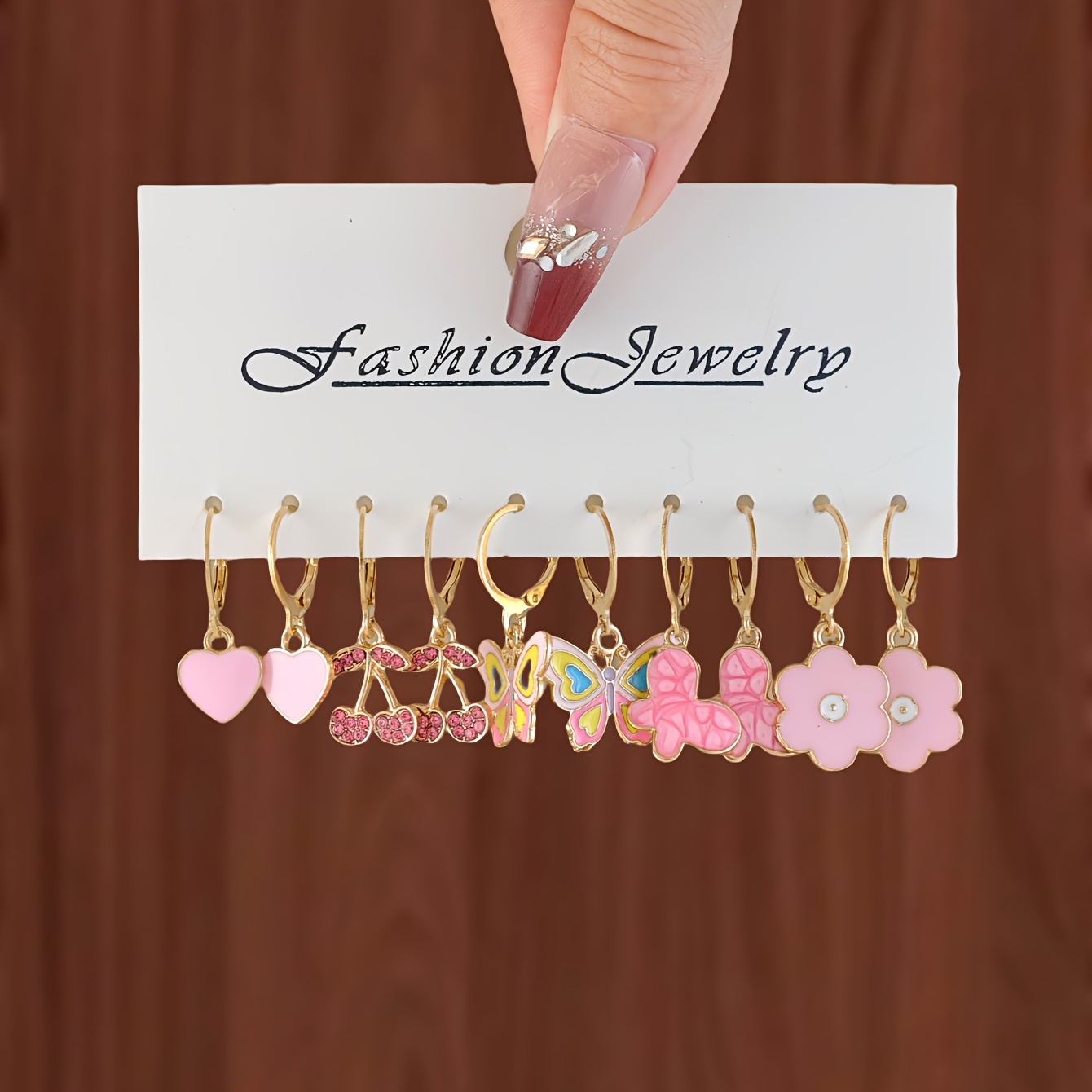 TEMU 10 pièces Boucles d'oreilles Femme Pendentif Cœur en Alliage Créatif avec Strass Fruits Rose - Lot de Crochets à Oreille