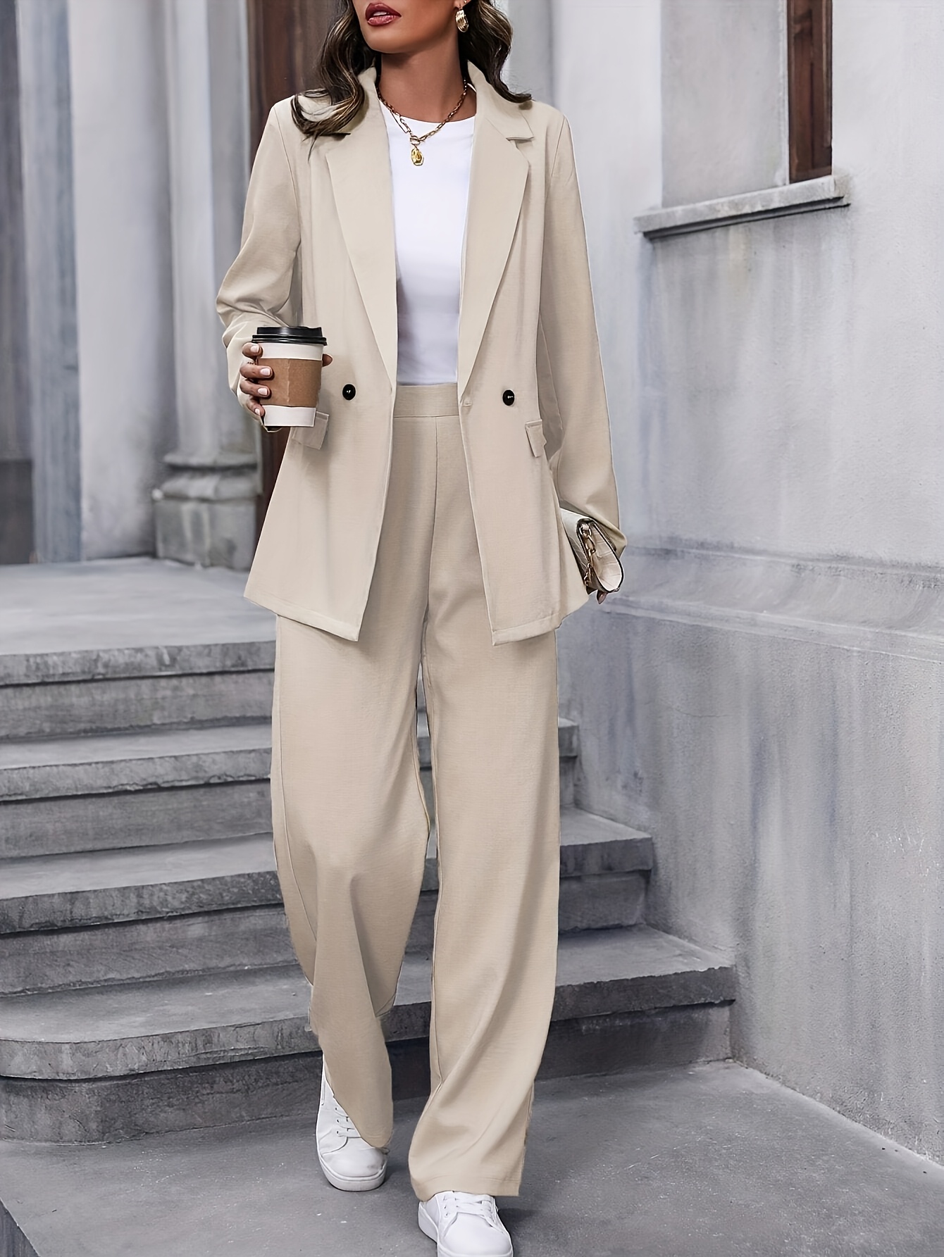 2026 new womens solid color casual suit set with lined pants button decoration and three dimensional cutting suitable for office commuting meetings and formal occasions