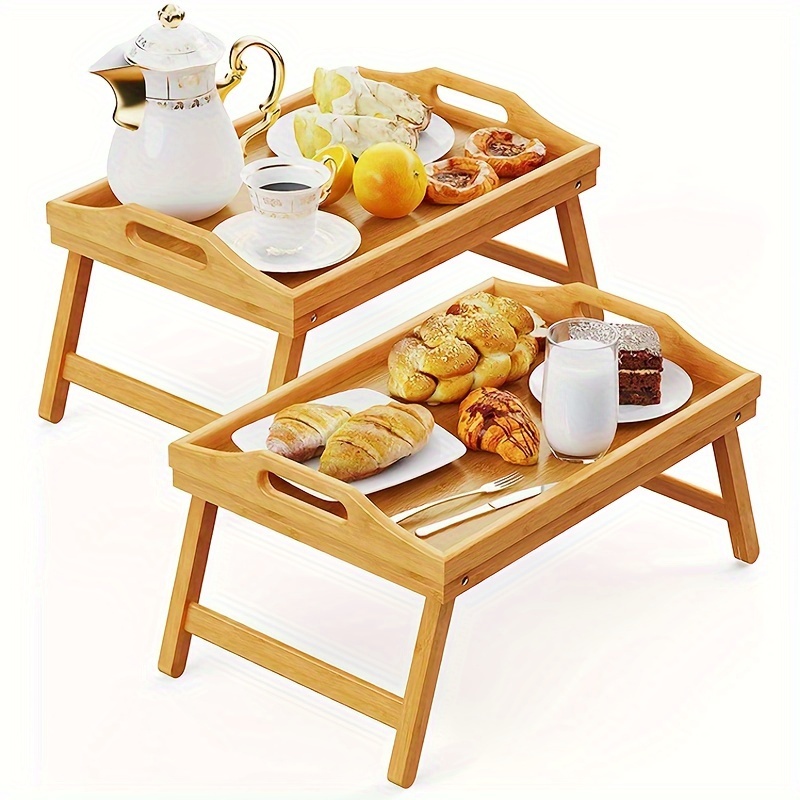 

2 Pack Bamboo Breakfast Food Tray With Folding Legs, Bamboo Food Lap Trays With Handle, Foldable Food Snack Tray For Eating/ Working/ Drawing/ Sofa/ Bed, Set Of 2