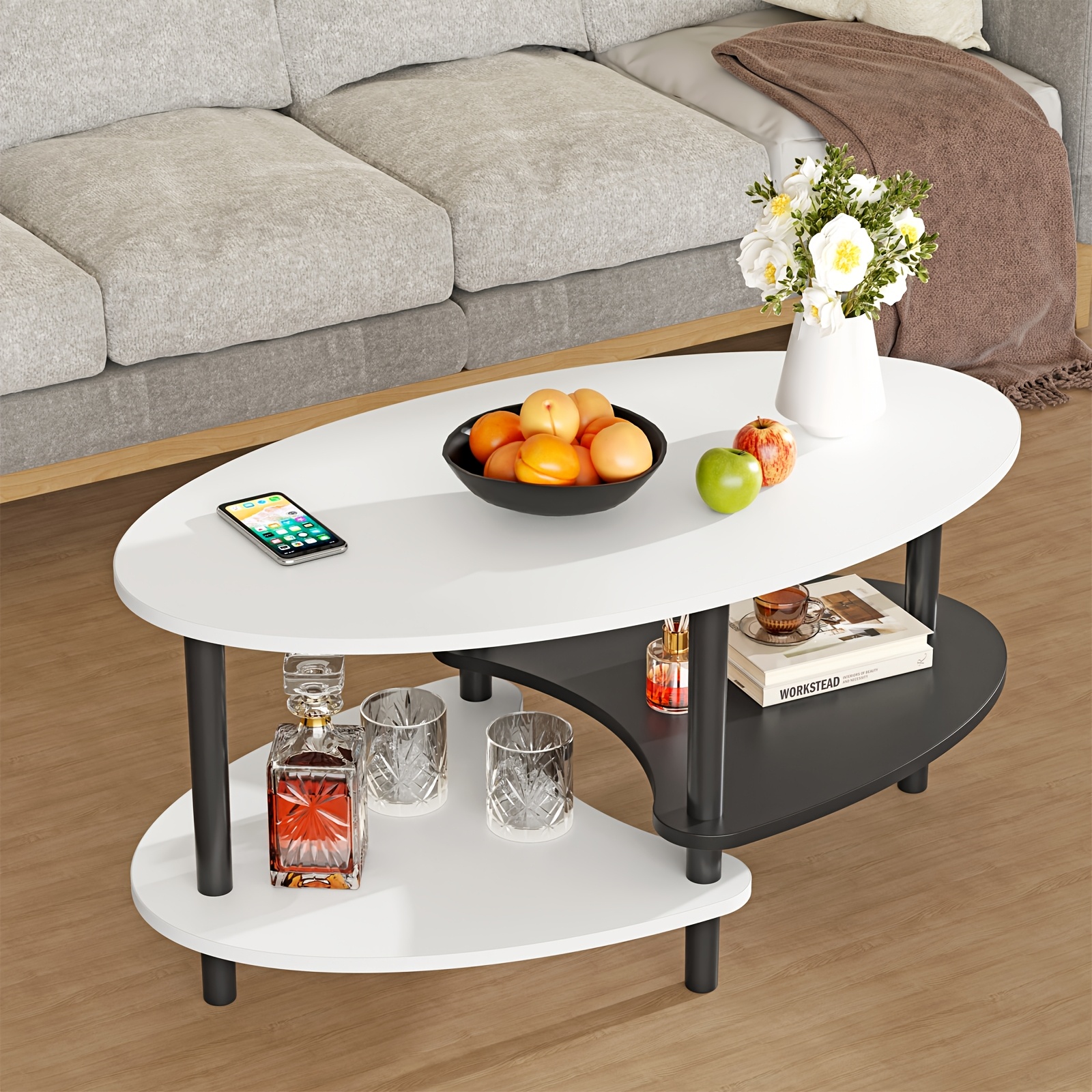 TEMU Modern Scandinavian Double Layer Oval Coffee Table & End Table - Easy-clean White Multi-level Design With Lower Shelf, Space- Compact Furniture