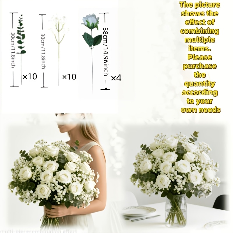 TEMU Bouquet de 24 tiges de fleurs artificielles : roses, eucalyptus et mousse - Roses blanches réalistes avec eucalyptus - Convient pour la