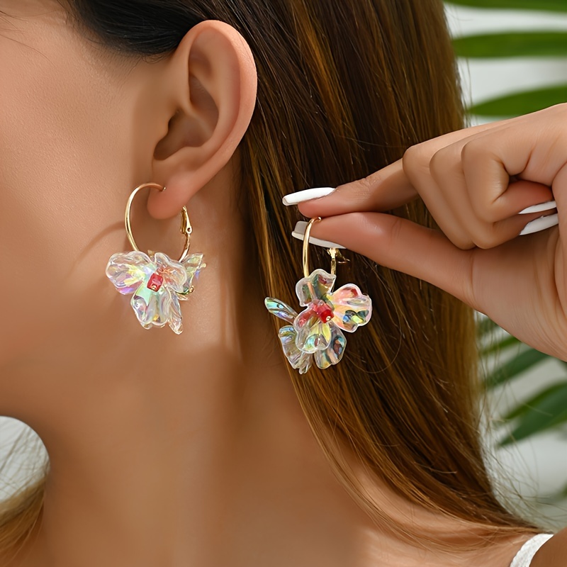 

Colorful Transparent Flower Drop Earrings For Women, Cute Style, Multi-colored, Dangle Hoop Earrings, Fashion Accessories