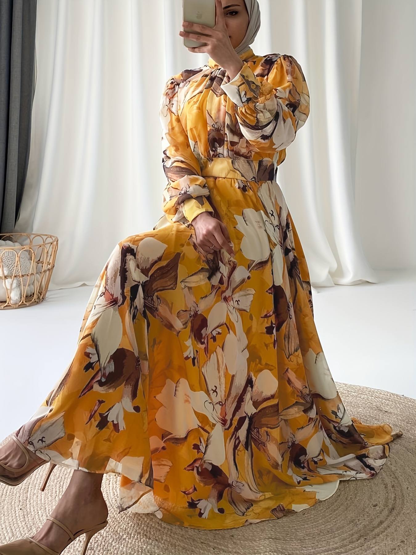 Women's Middle Eastern Muslim Chiffon Print Maxi Dress