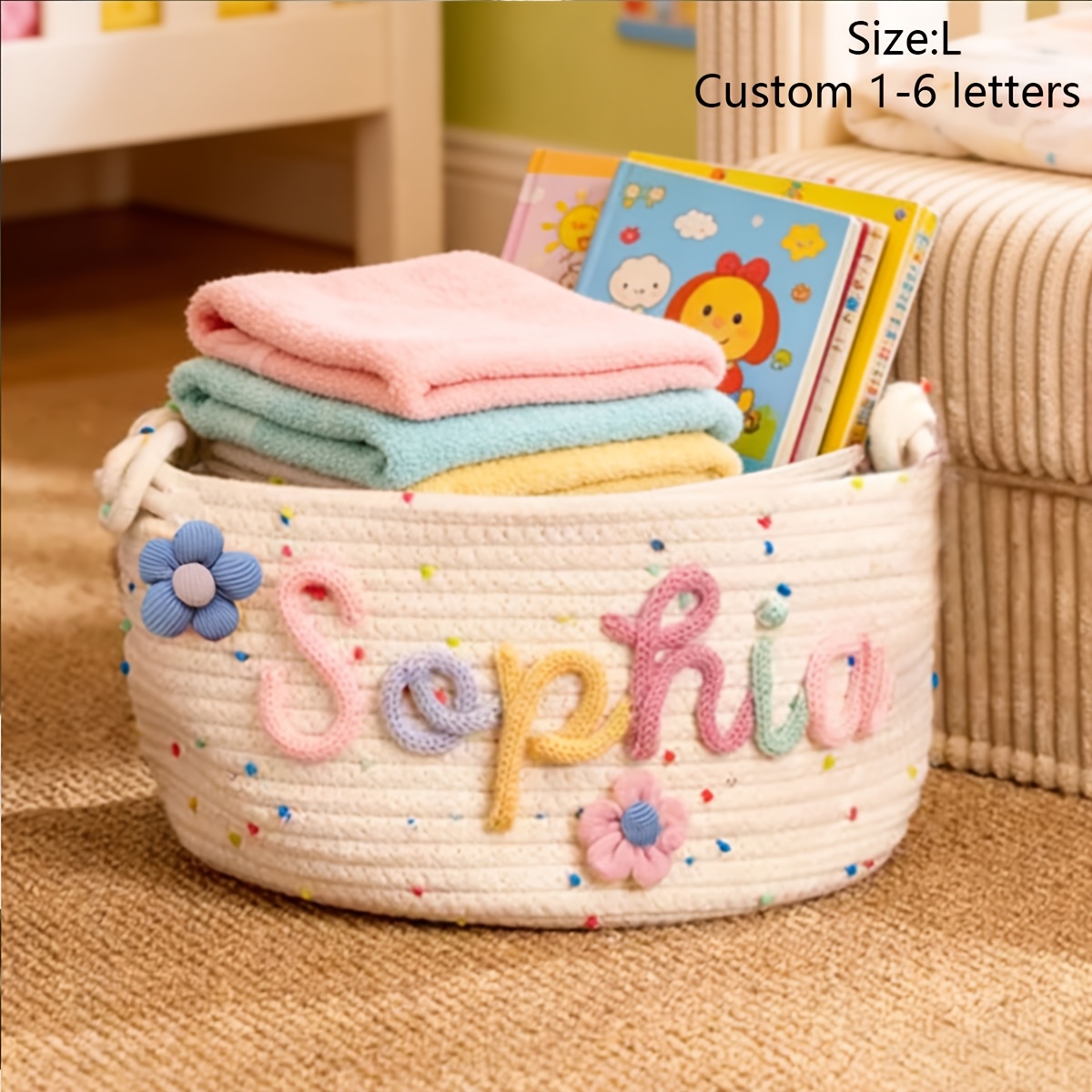 [customizable] 1pc Personalized Name Storage Basket -- Colorful Polka , Hand-woven Organizer, Storage Bin, Party Gift, Easter Gift, Shelf Baskets