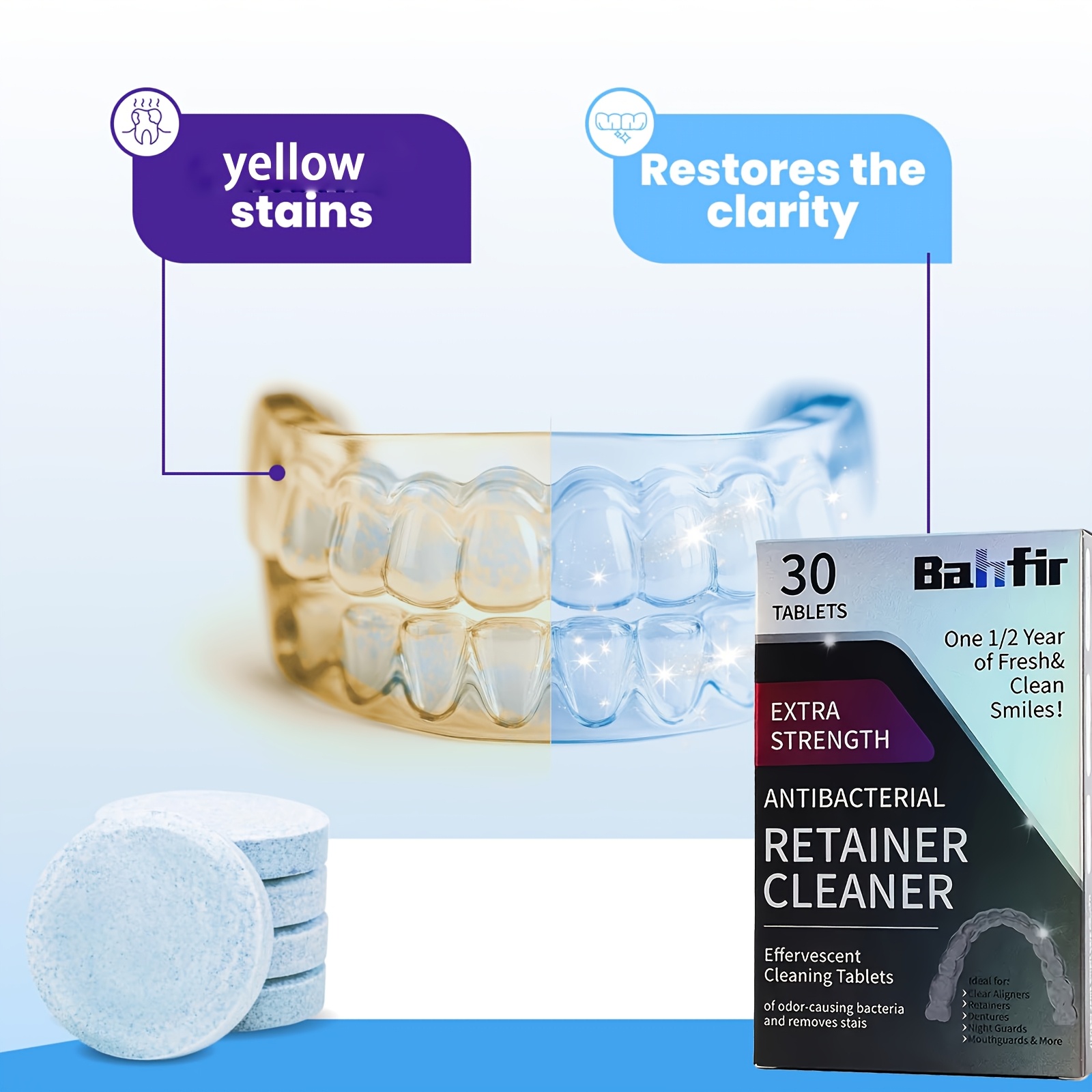 

Effervescent Tablets For Dentures, Dental Cleaning Tablets For Orthodontic Invisible Retainers, Teeth Cleaning Tablets For Correction, Stain Removal And Yellowing Care