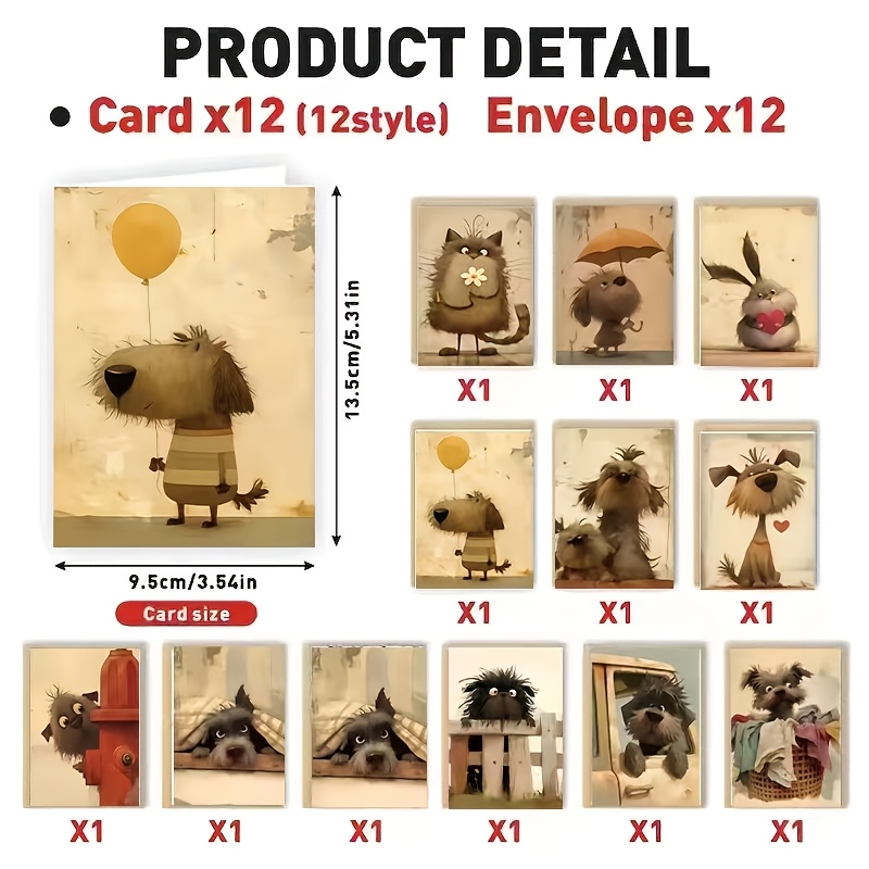 TEMU Ensemble de 24 cartes de vœux animaux mignons avec enveloppes, 12 d'animaux mignons uniques, cartes de notes intérieures vierges pour amis,