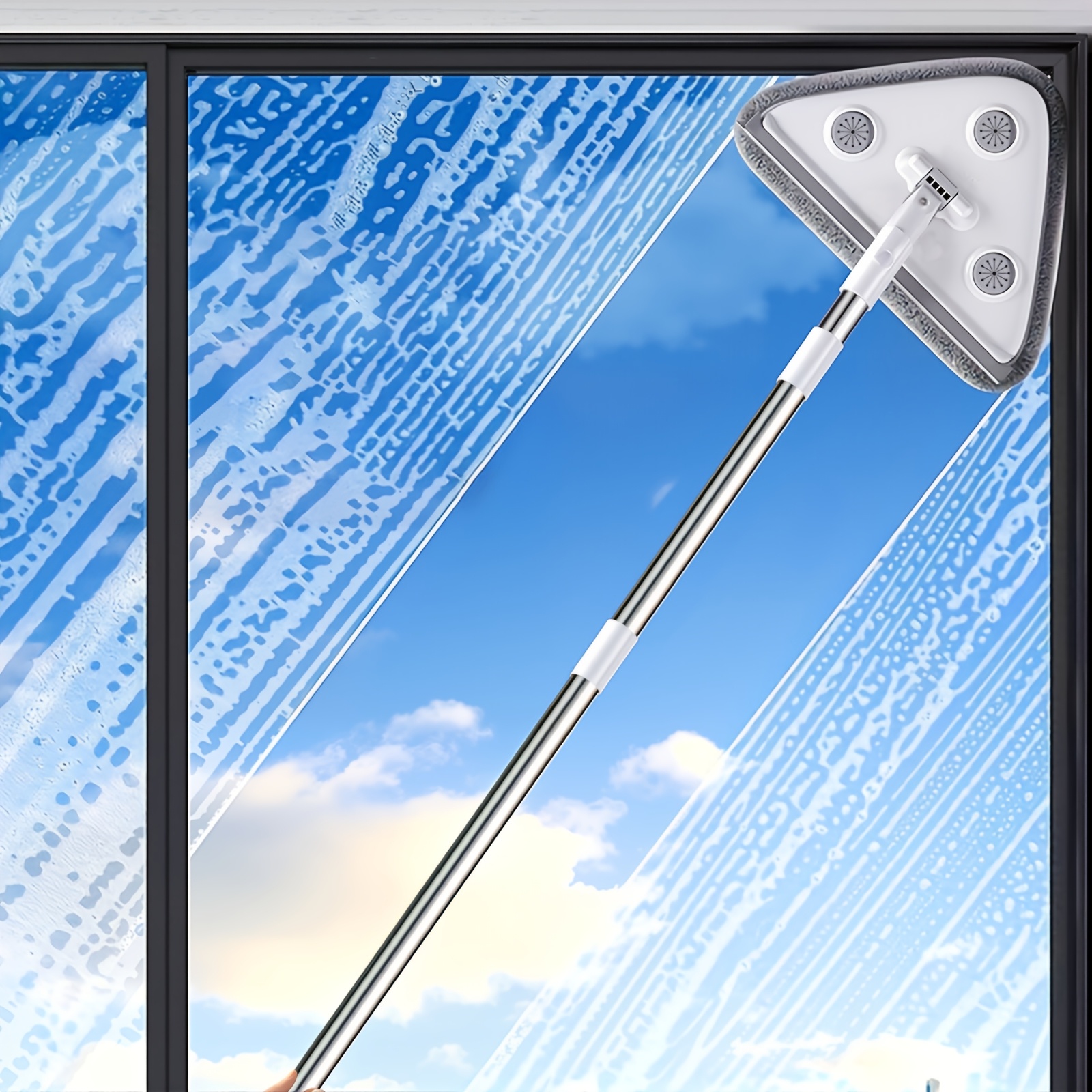 TEMU 360 Degree Rotating Adjustable Window Cleaner Set With Extendable Triangle Mop For Christmas And Halloween Cleaning Includes 2 Replacement