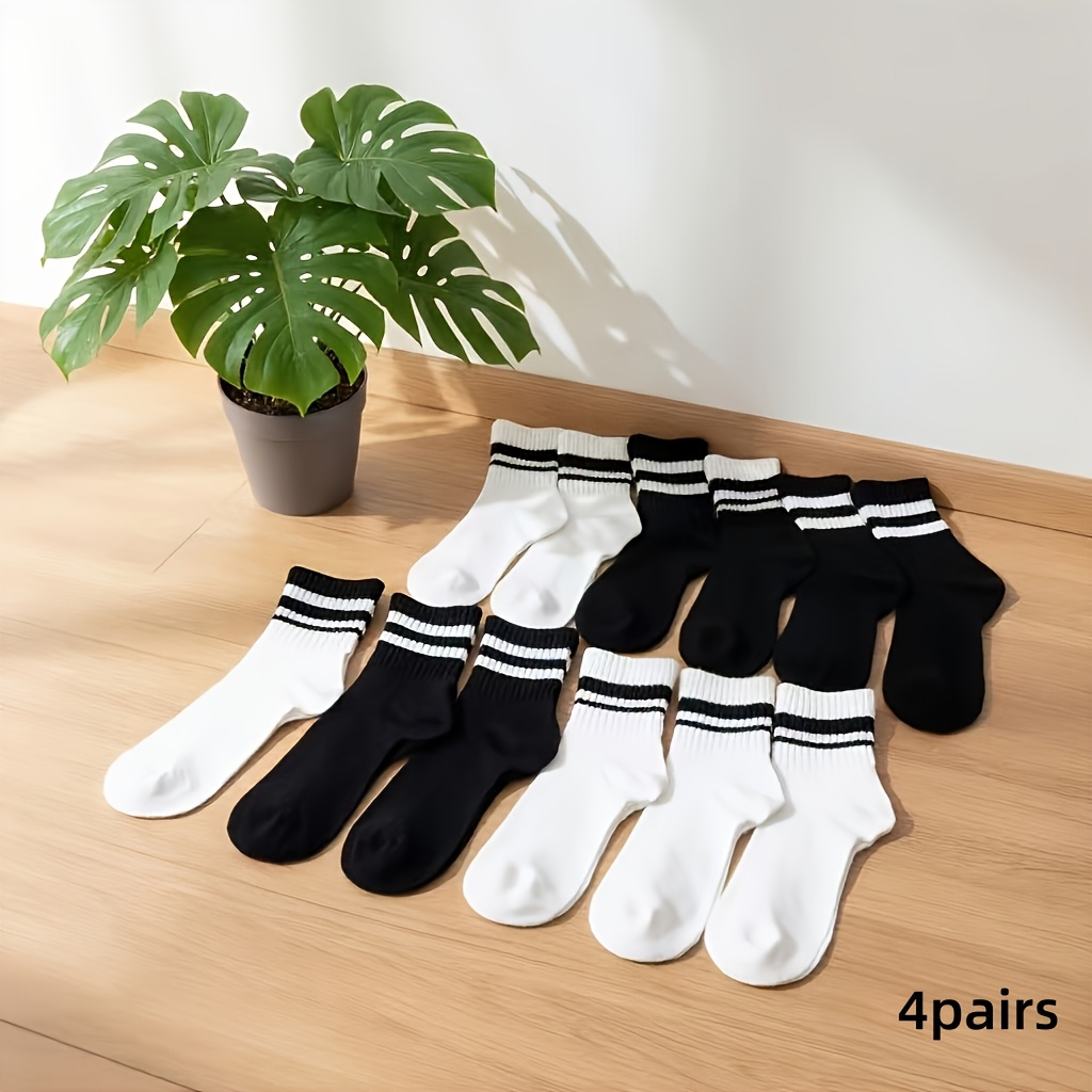 TEMU 8pcs (4-pair) Unisex Black And White Striped Mid-calf Socks, Made From Premium Fabric. Suitable For , Versatile For Outdoor And Indoor Wear