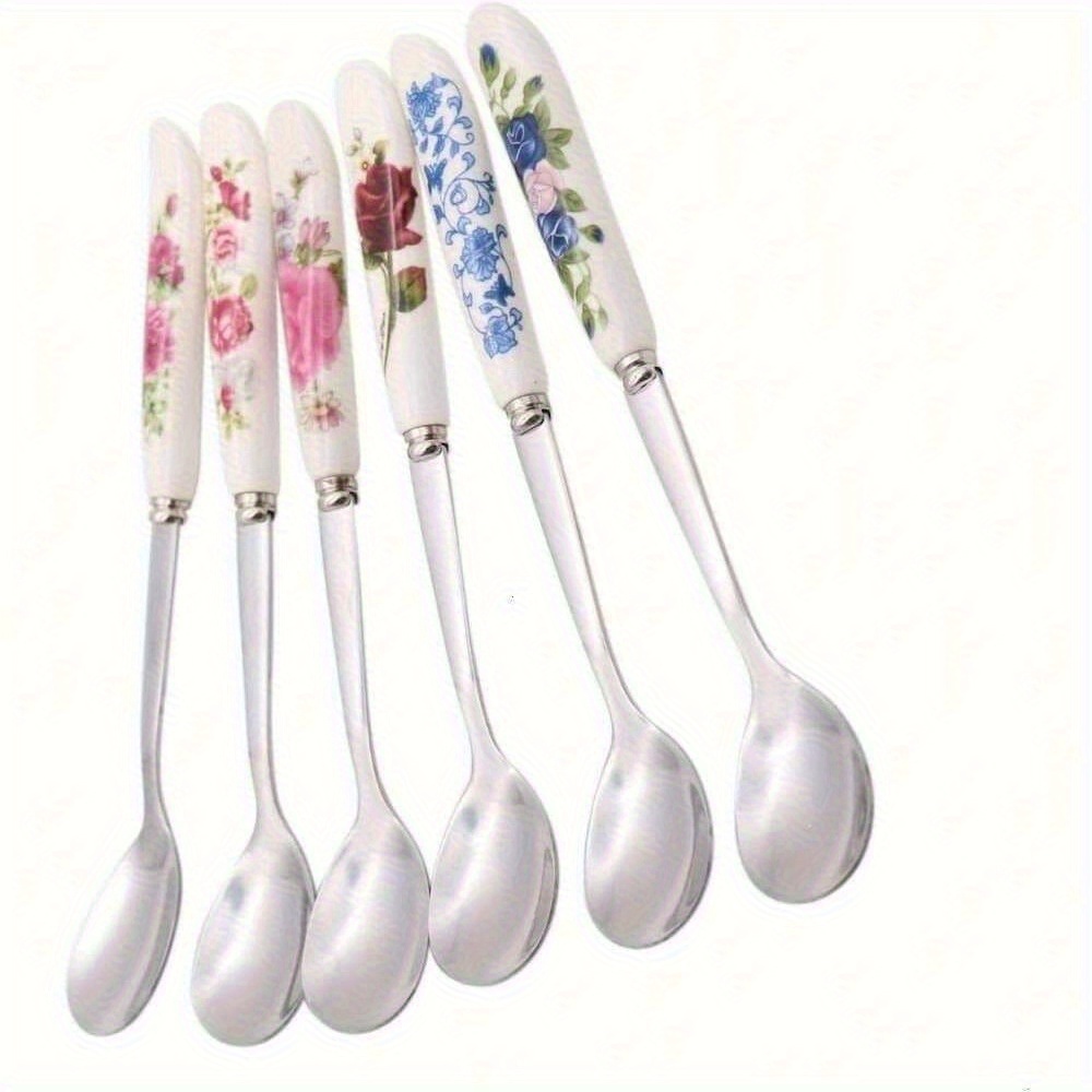 E-shop 6 Stück Edelstahl Kaffeelöffel mit Keramikgriffen – Ideal zum Rühren, Zucker Hinzufügen, Eiscreme Suppen – Perfekte Küchen- Tischaccessoires