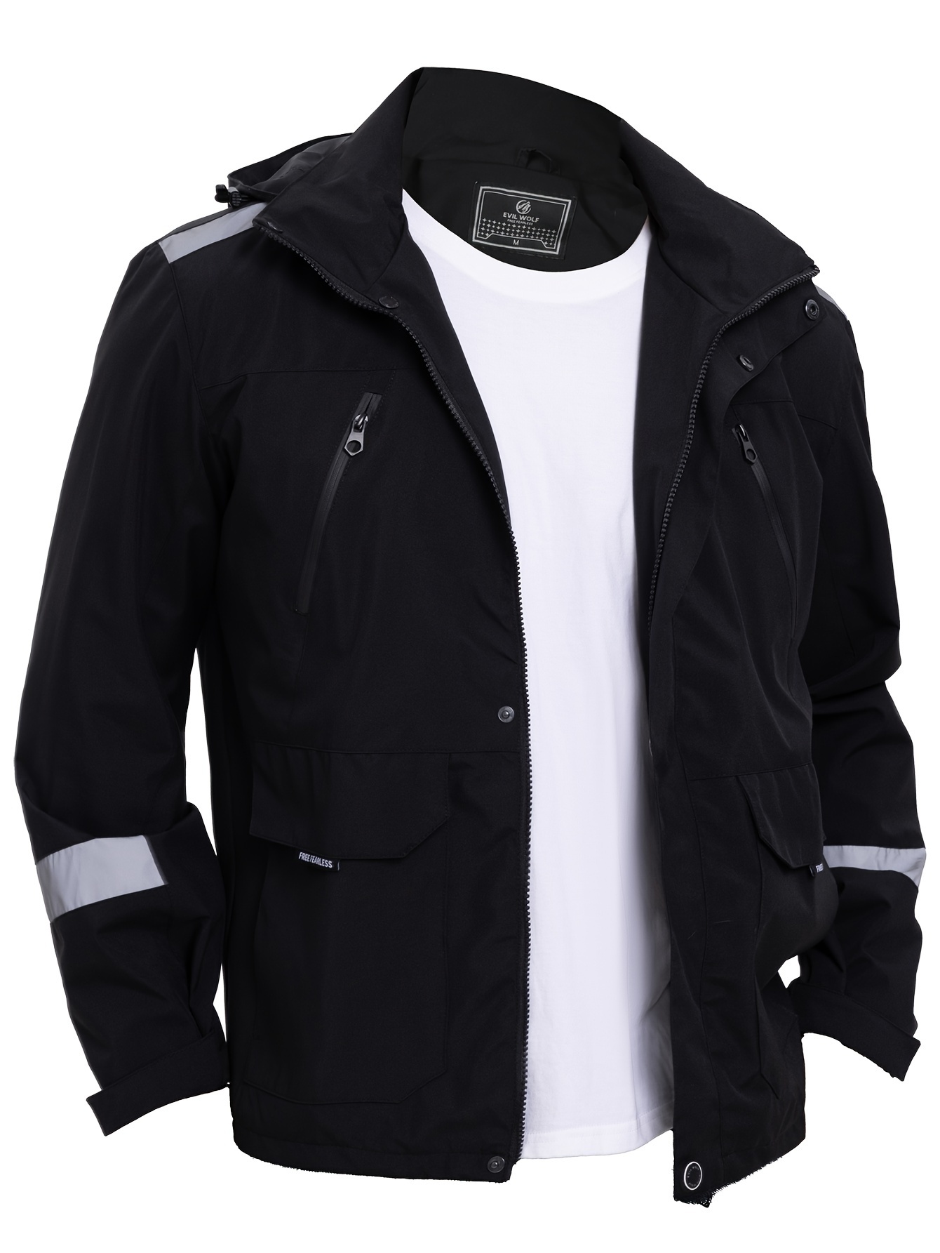 mens casual hooded   black with reflective stripes zippered pockets polyester lining   outdoor sporty attire casual outerwear reflective jacket zippered jacket