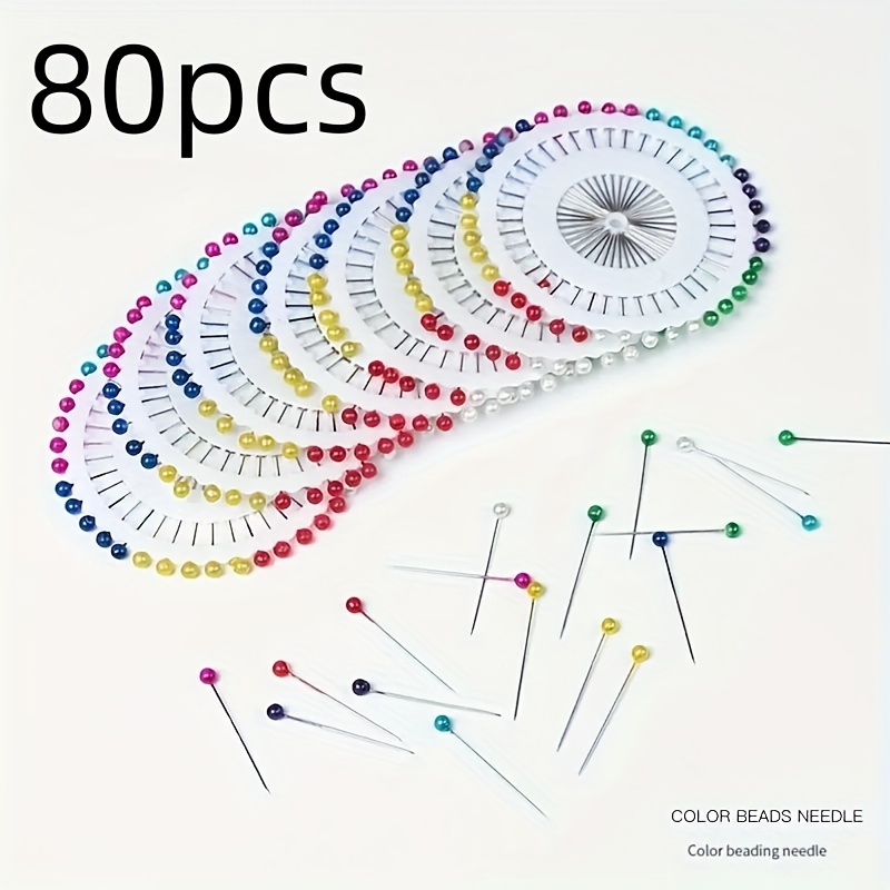 80pcs Pearl Large Head Manual Positioning Needle, Fixed Needle, Hand Sewing Needle, Bead Needle, Decorative Color Bead Needle Nickel Plated Small Compass High Quality Pearl Needle