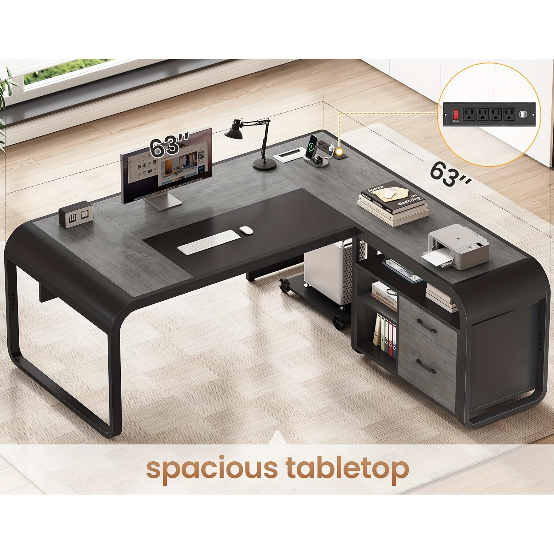 63" L-Shaped Executive Desk with Charging Station & File Cabinet 11 63-Inch Executive Desk with Charging Station