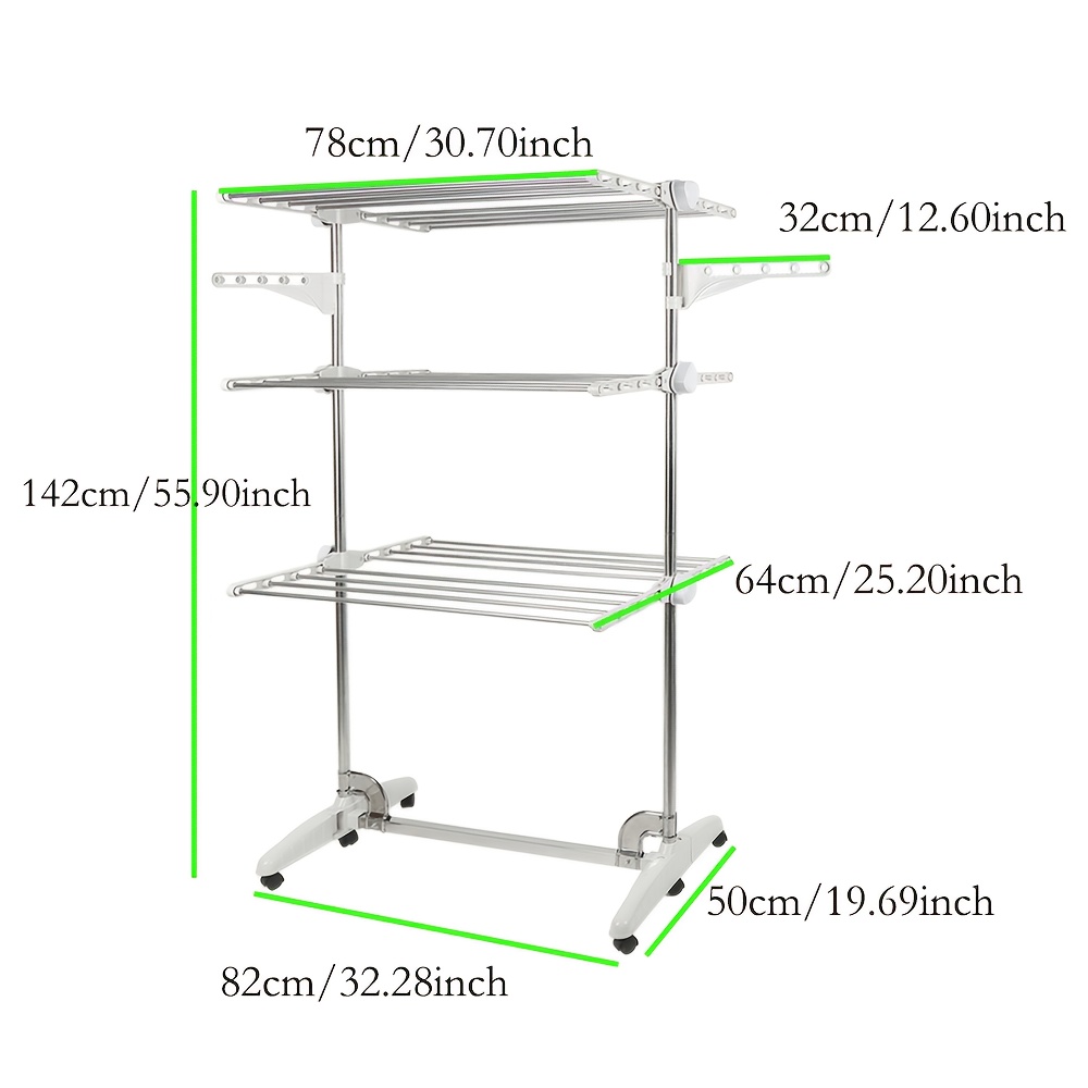 3-tier Clothes Drying Rack With Wheels, Large Capacity, Multi-functional, 360° Rotating Wheels, Ideal For , 50 X 82 X 142cm, Silvery, Drying Racks