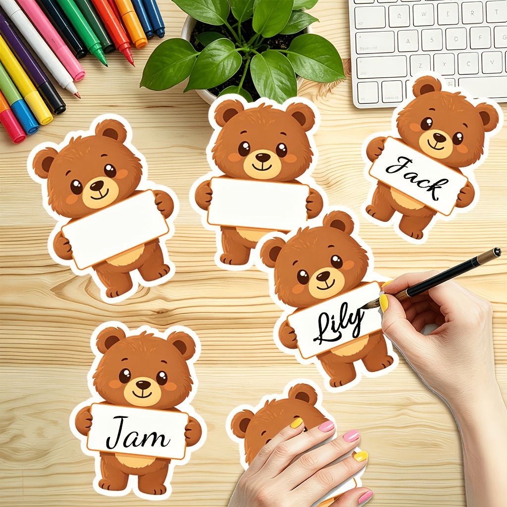 16pcs Cute Bear Paper Name Labels with Strong Adhesive for Classroom