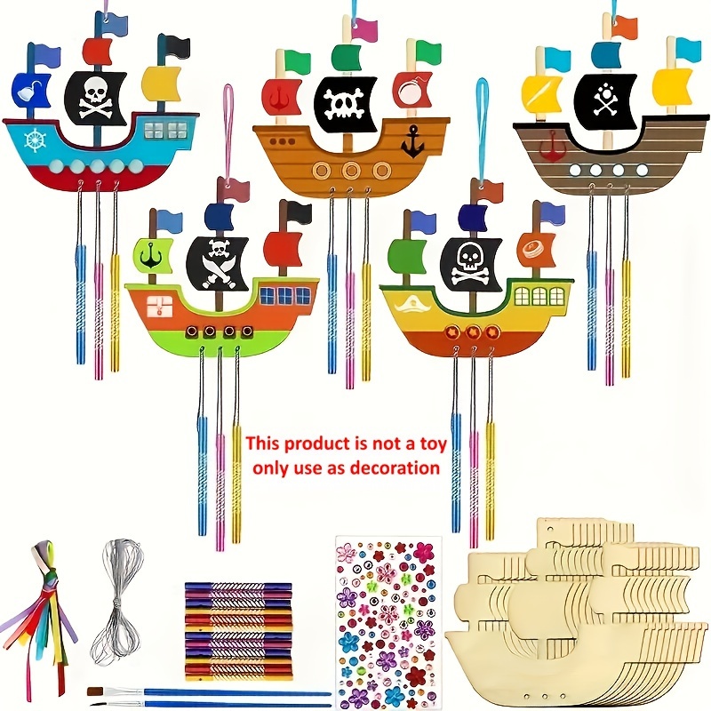 

10pcs/set, Diy Wooden Pirate Ship Wind Chimes Set Art Crafts, Home Decoration Pendant Handmade Party Supplies Diy Creative Gift Window Decoration